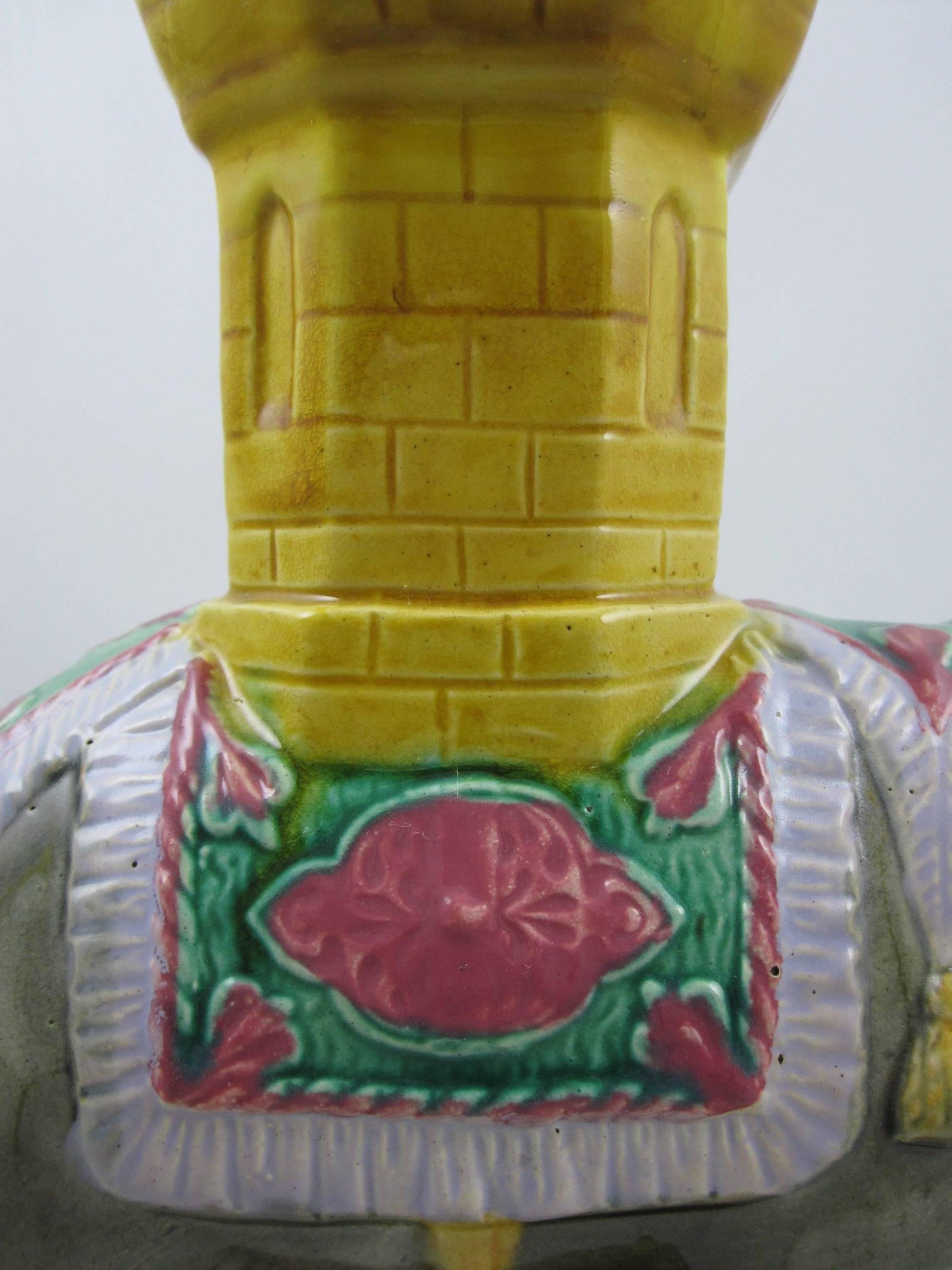 19th Century Staffordshire Majolica Glazed Elephant and Castle Rook Spill Vase In Excellent Condition In Philadelphia, PA