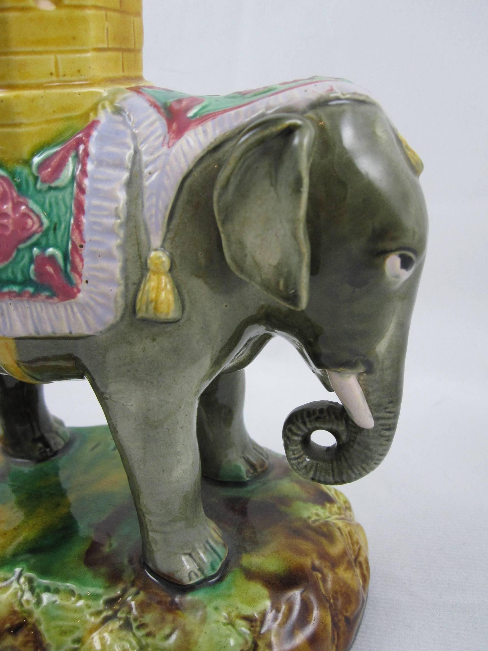 English 19th Century Staffordshire Majolica Glazed Elephant and Castle Rook Spill Vase