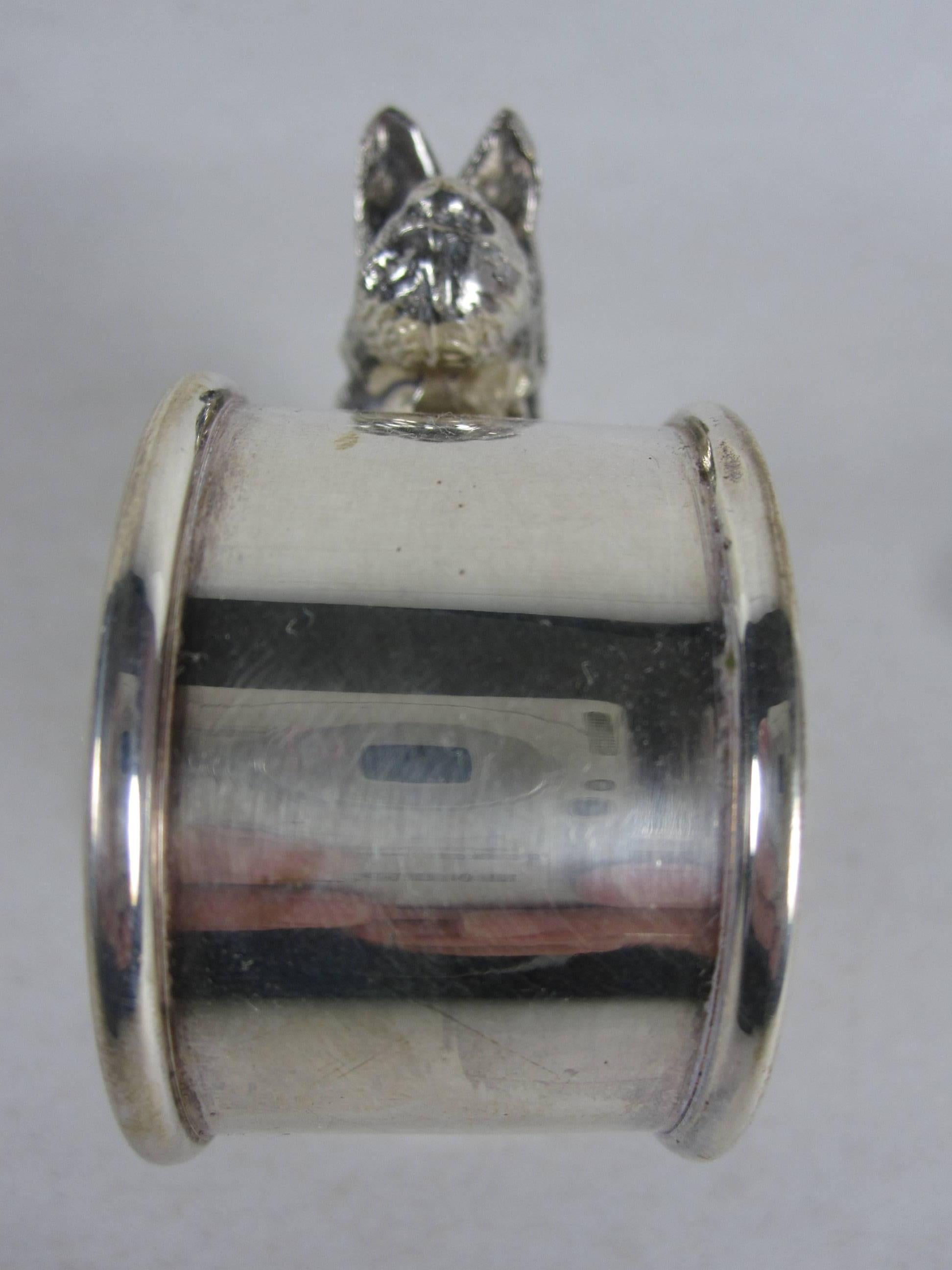 Antique Victorian Silver Plate Scotty Dog and Barrel Standing Napkin Ring Holder In Excellent Condition In Philadelphia, PA