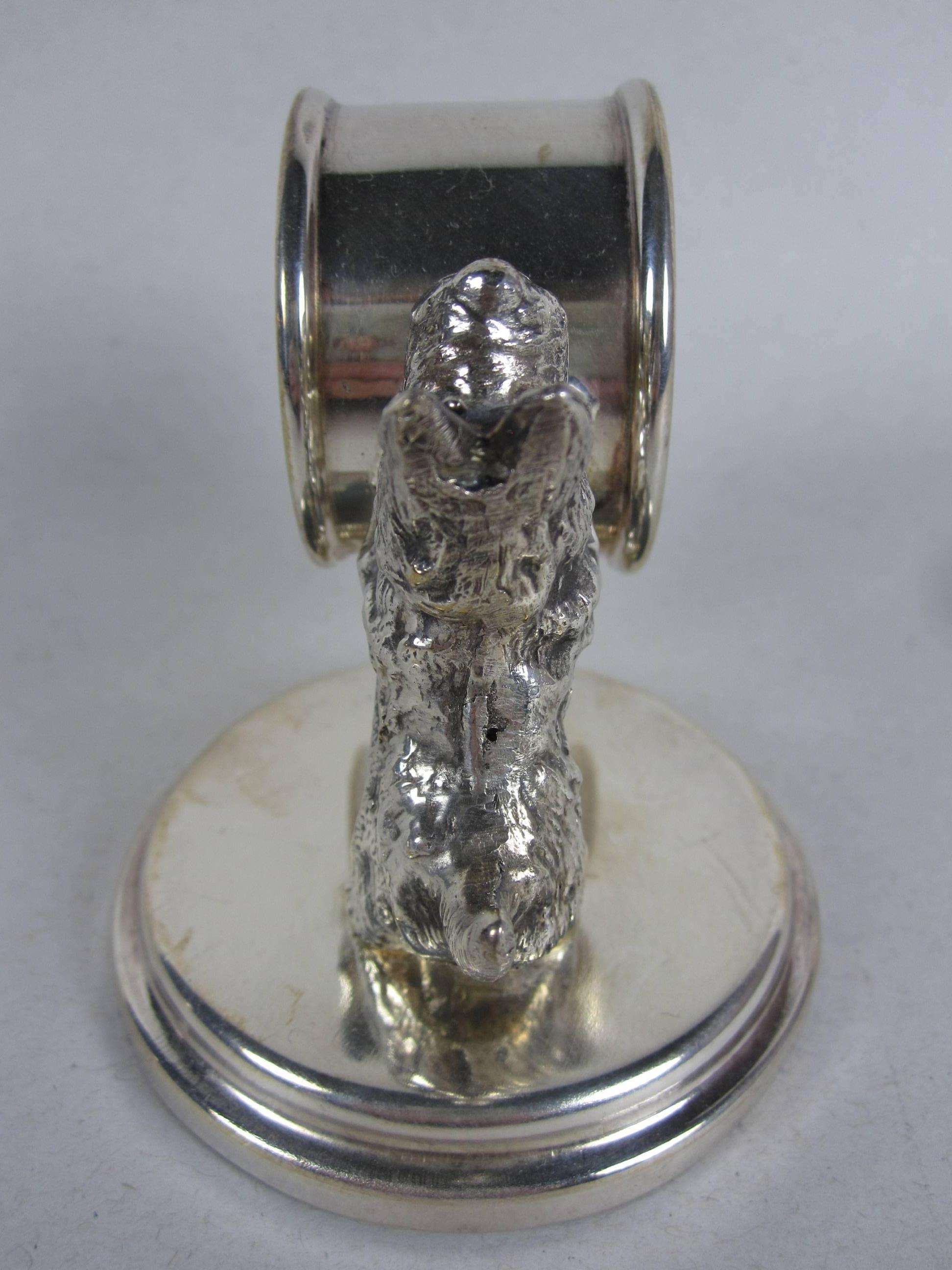 19th Century Antique Victorian Silver Plate Scotty Dog and Barrel Standing Napkin Ring Holder