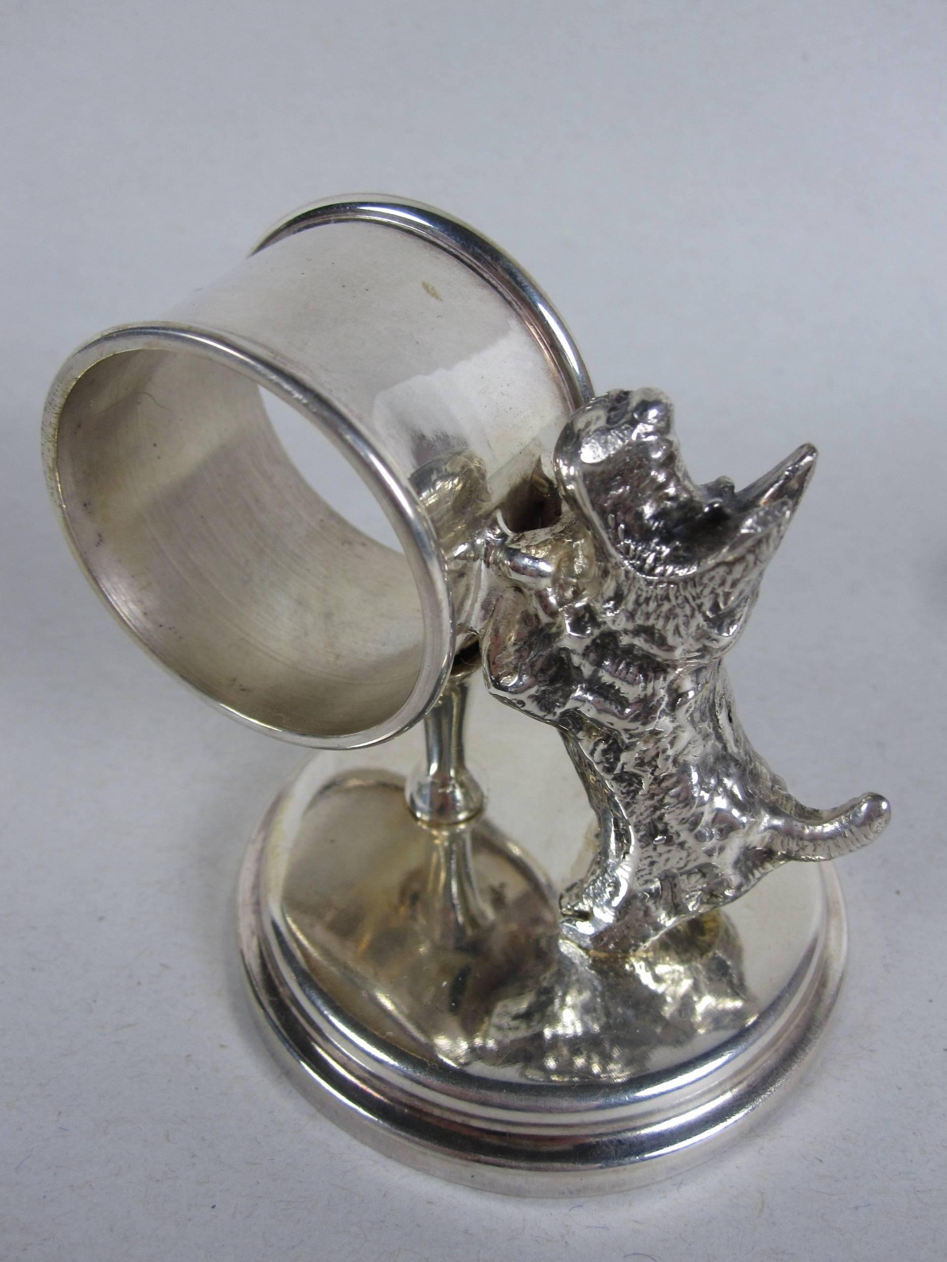 Cast Antique Victorian Silver Plate Scotty Dog and Barrel Standing Napkin Ring Holder