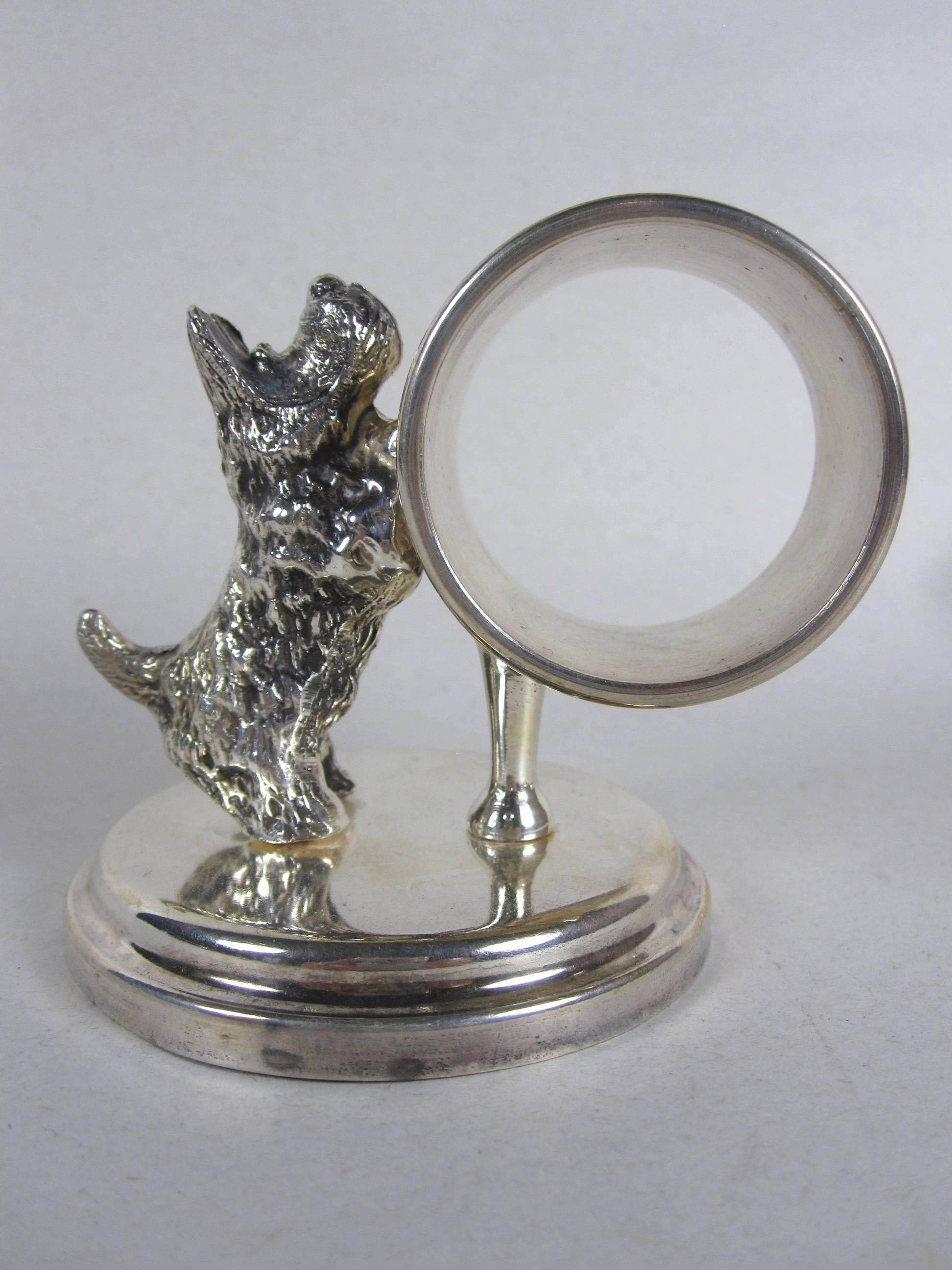 Antique Victorian Silver Plate Scotty Dog and Barrel Standing Napkin Ring Holder 1
