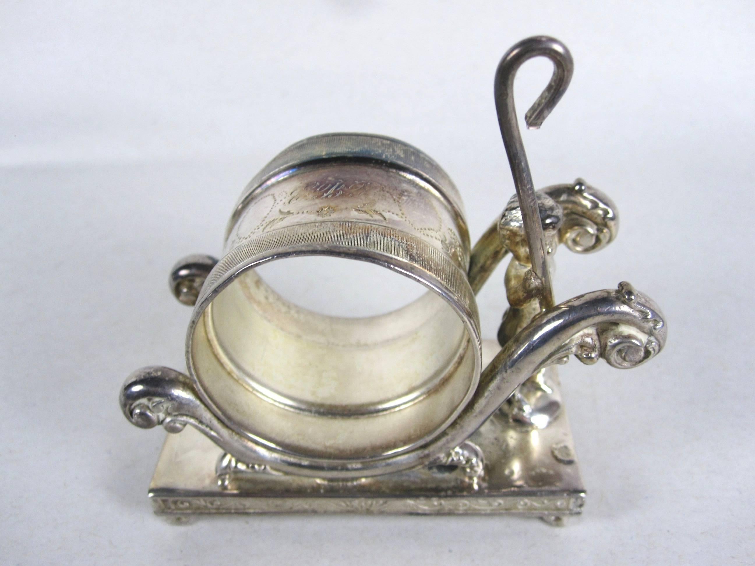 Antique Victorian Silver Plate Marching Putto Standing Napkin Ring Place Holder 1