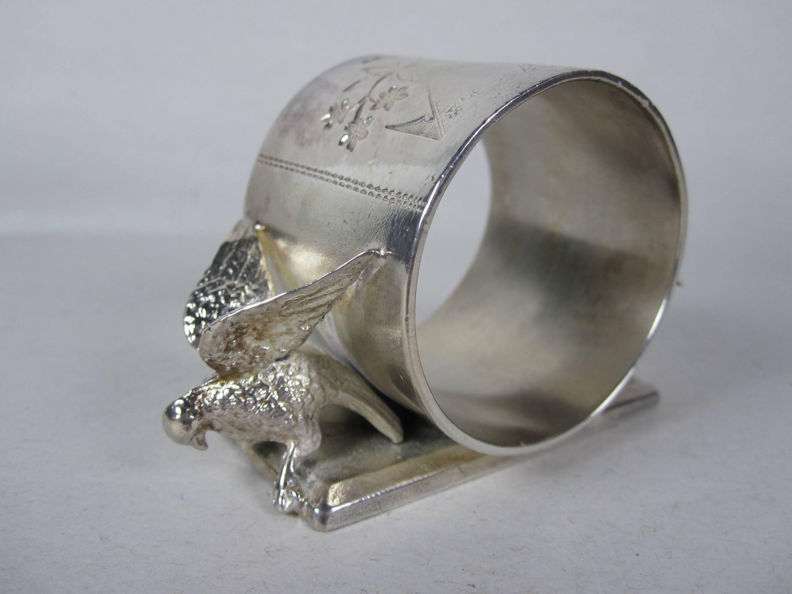 19th Century Antique Victorian Silver Plate Winged Birds Standing Napkin Ring Place Holder