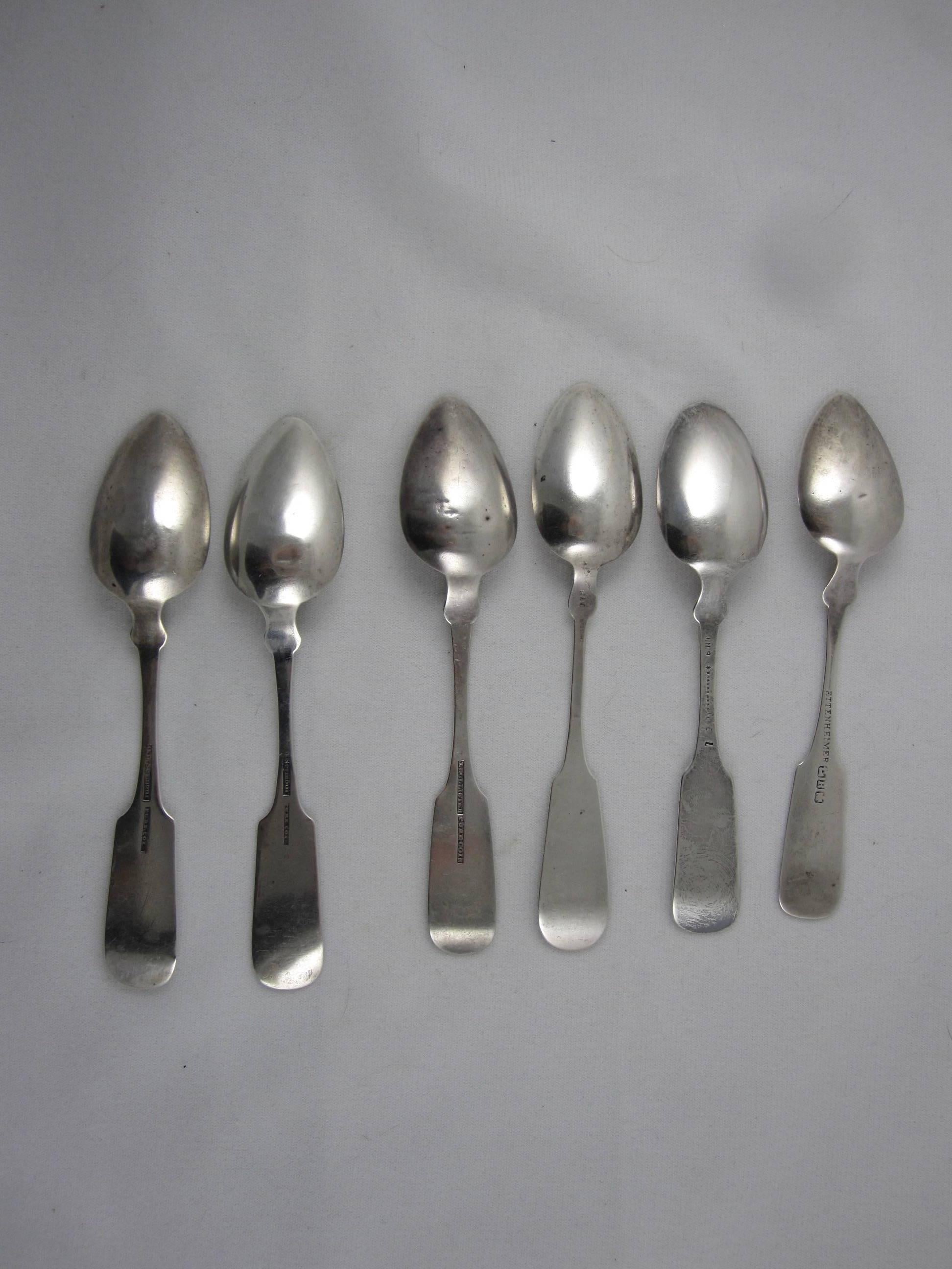 Cast Post Revolutionary American Coin-Silver Sterling Fiddle Thread Table Spoons, S/6
