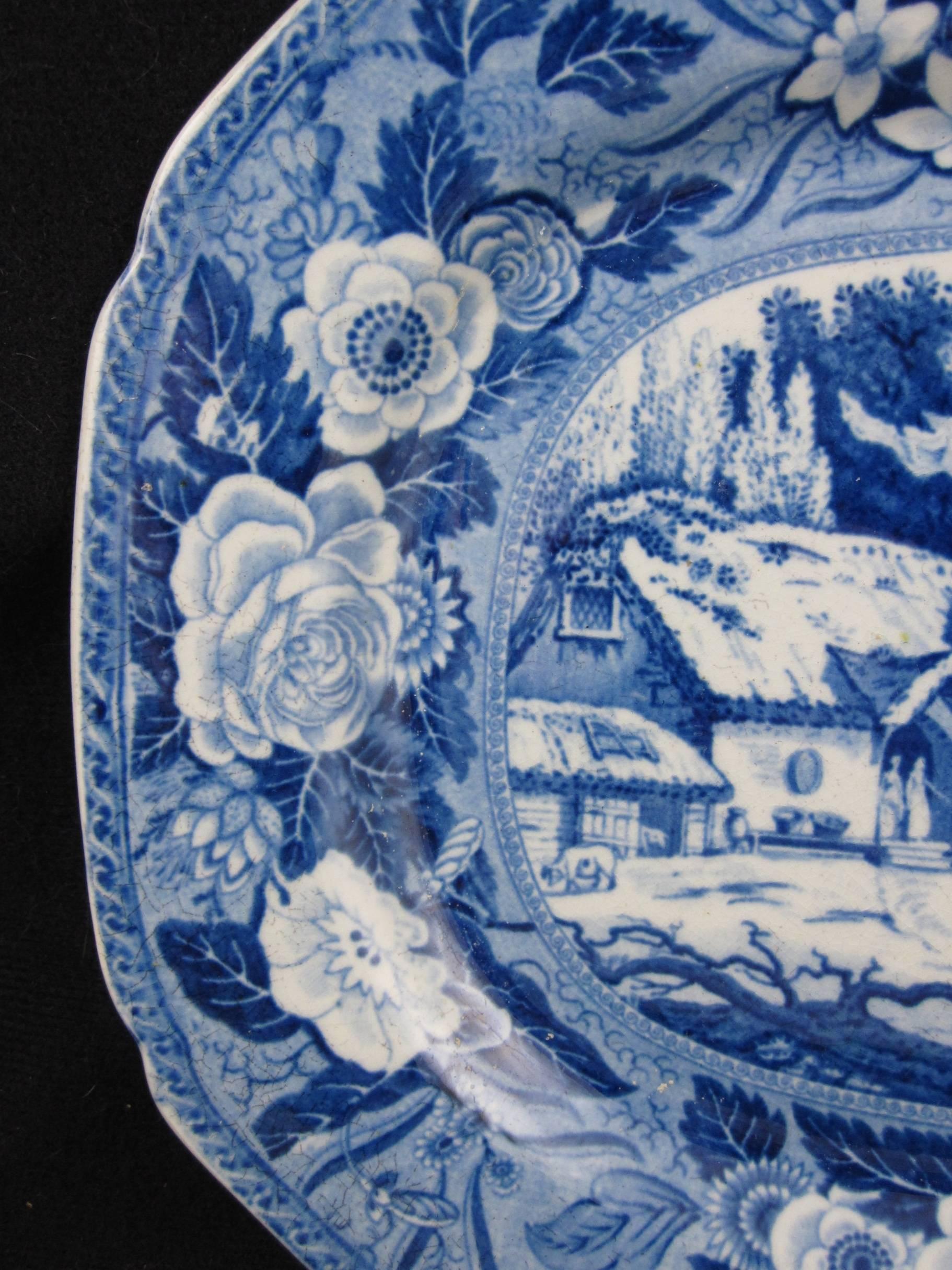 George IV Minton English Staffordshire 'Monk's Rock' Blue Transferware Platter, circa 1820