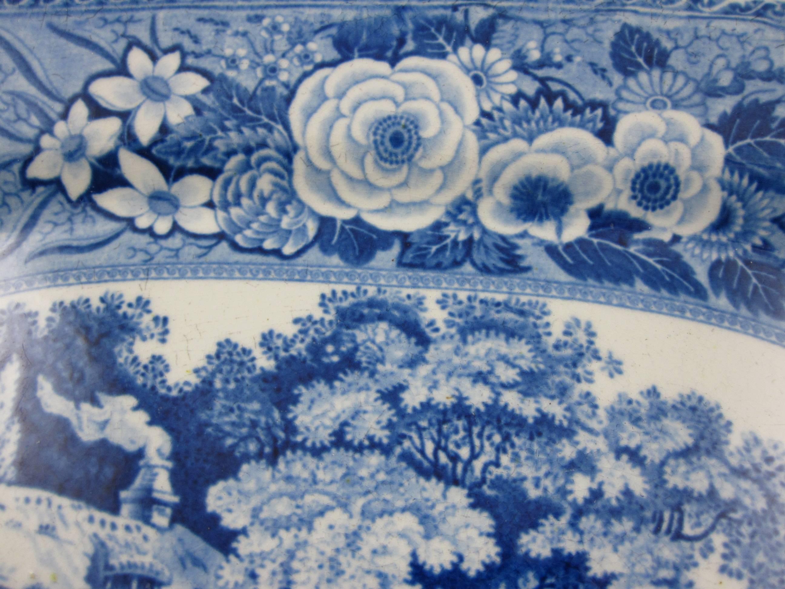 Glazed Minton English Staffordshire 'Monk's Rock' Blue Transferware Platter, circa 1820