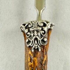 English Stag Horn & Sterling Silver Green Man Face Letter Opener