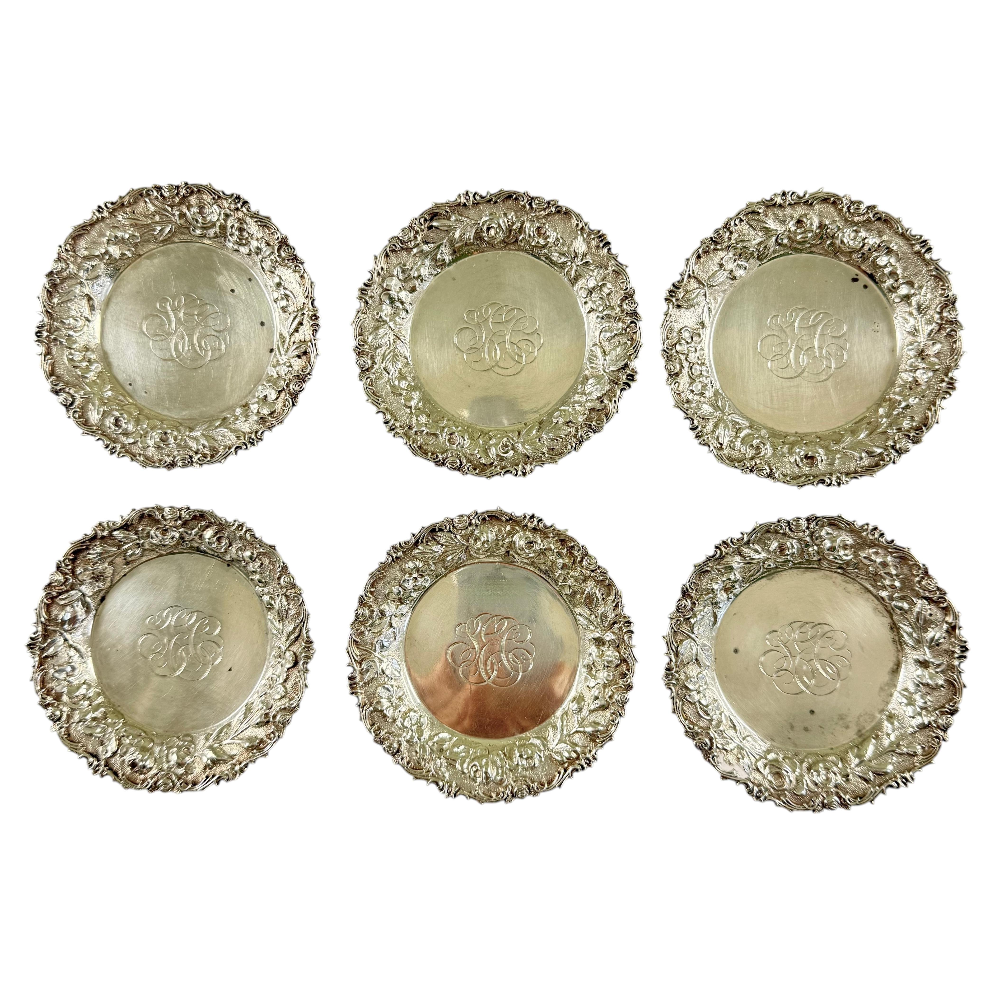 Estate Ritter & Sullivan Sterling Silver Repoussé Butter Pats, Set of Six