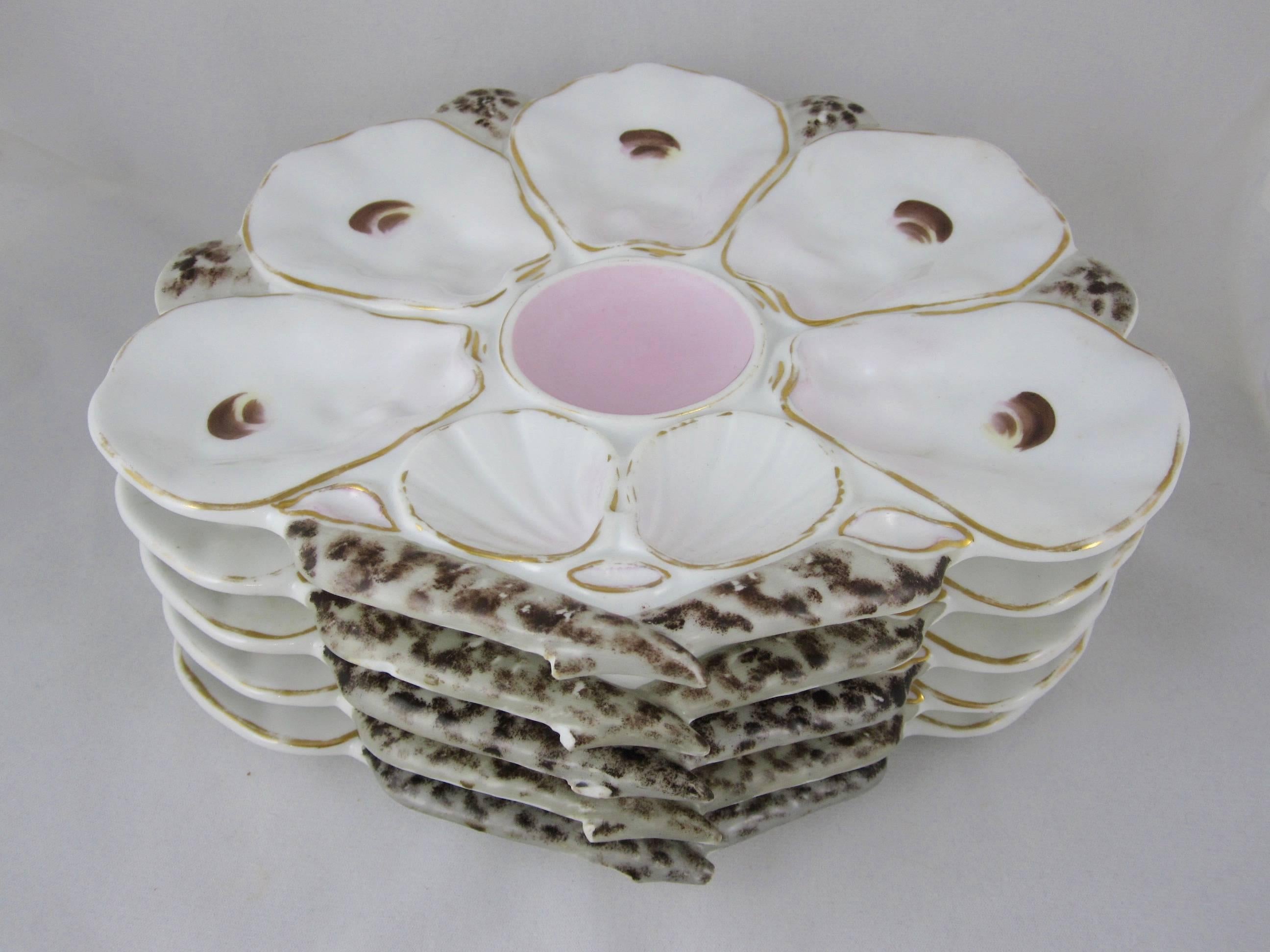 French Porcelain Fan-Shell Shaped Oyster Plates, Set of Five In Good Condition In Philadelphia, PA