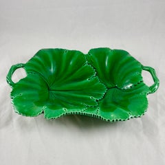 Copeland English Majolica Green Glazed Overlapping Leaf Two Handled Platter