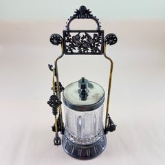 Victorian Era Meriden Silver Plate & Pressed Glass Pickle Castor & Tongs