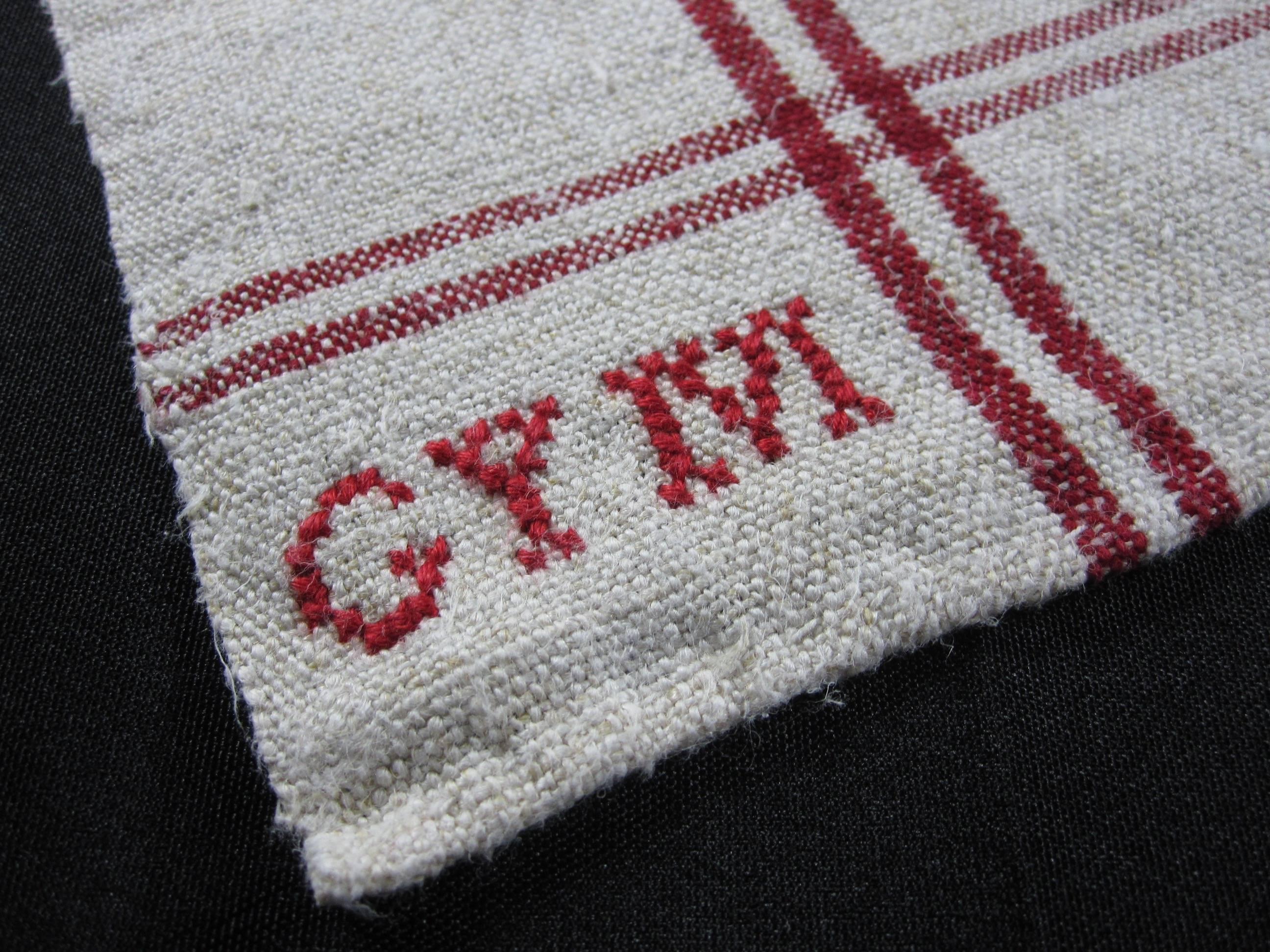 French Provençal Rustic Hand-Woven & Initialed Linen Red Kitchen Torchons Towels In Excellent Condition In Philadelphia, PA