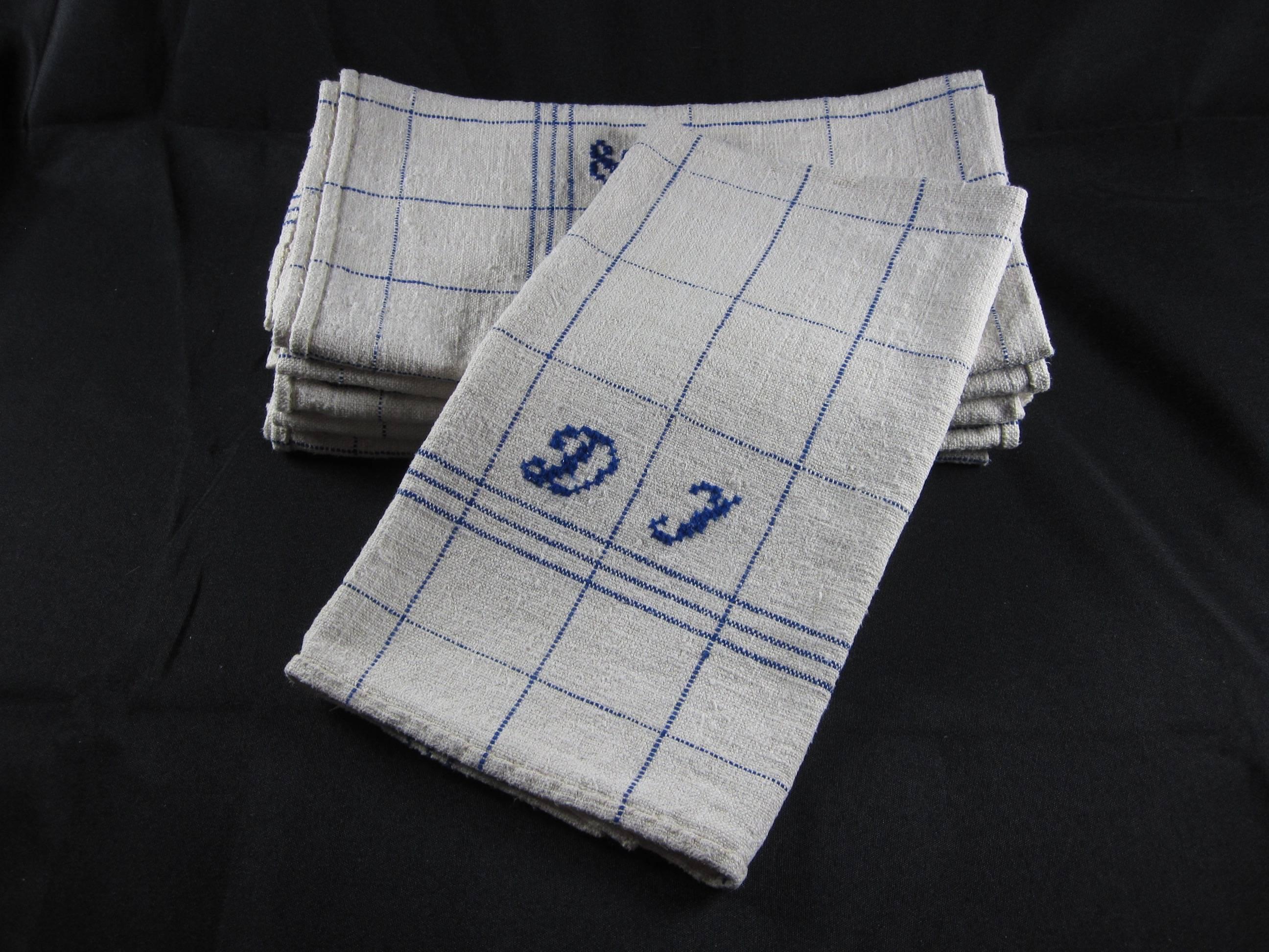 20th Century French Flea Market Hand-Spun & Embroidered Linen Oversize Tea Towels, Blue