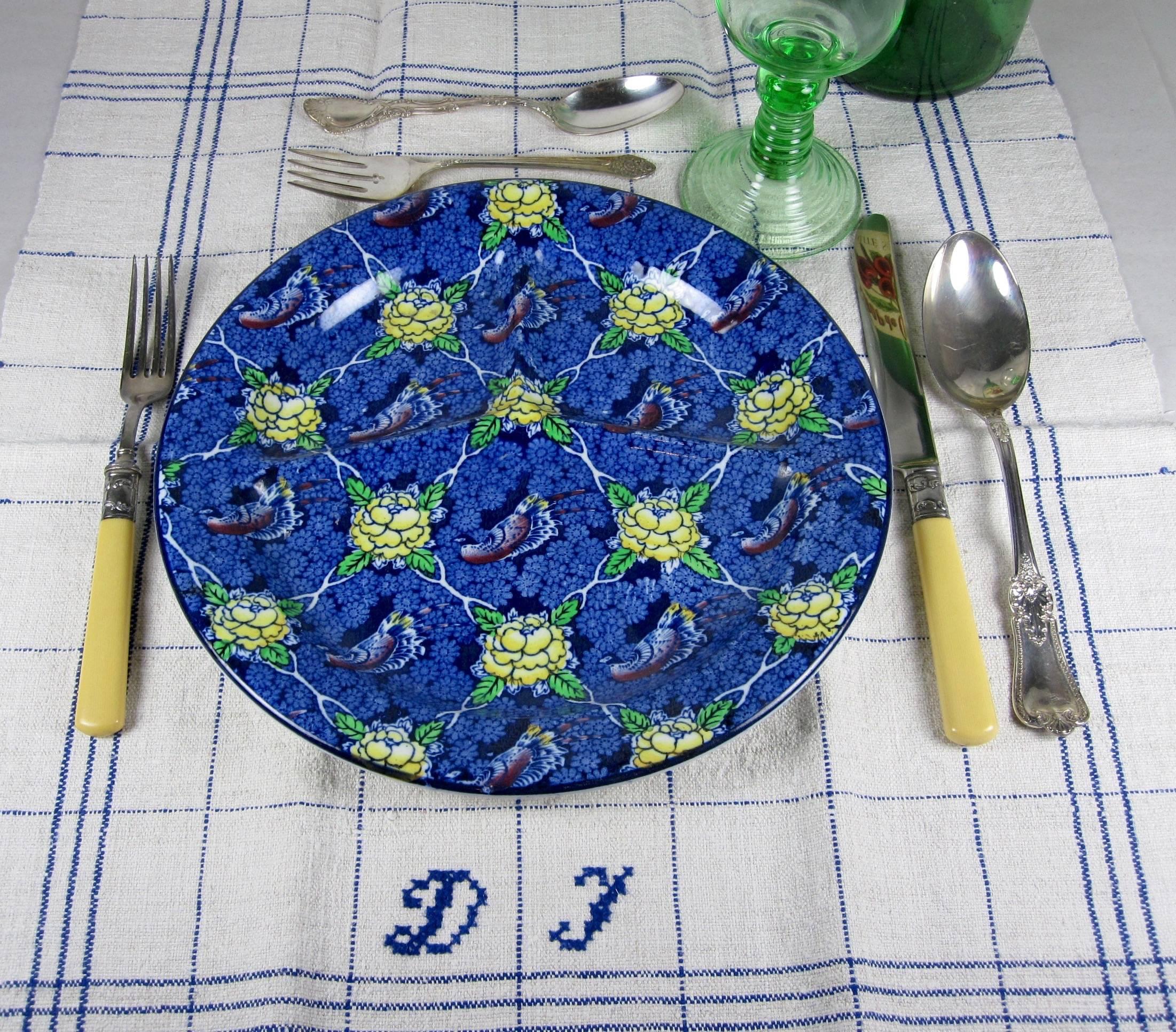 French Flea Market Hand-Spun & Embroidered Linen Oversize Tea Towels, Blue 1