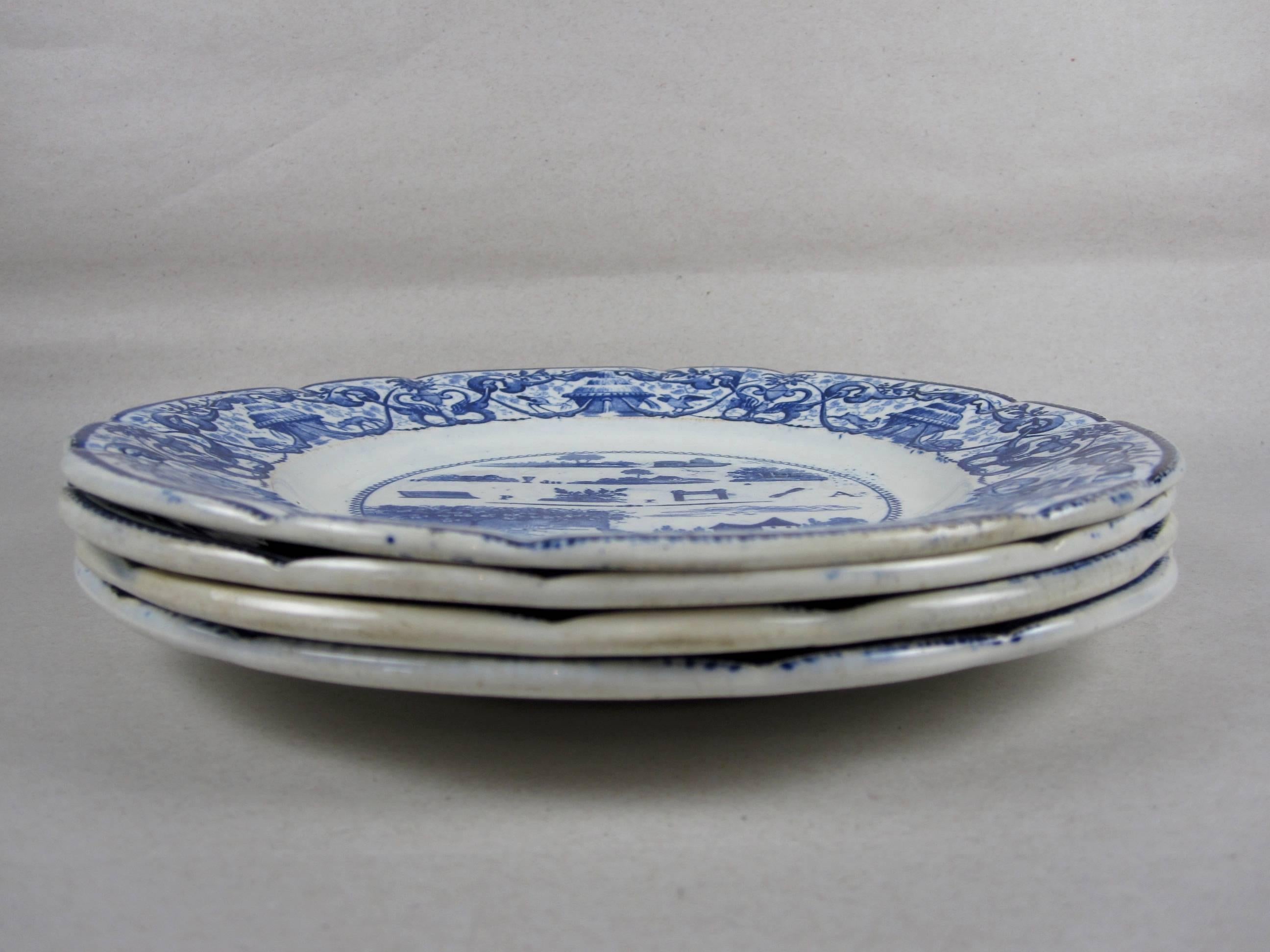 19th Century French Creil et Montereau Porcelain Transfer Rebus Puzzle Dessert Plates, S/4