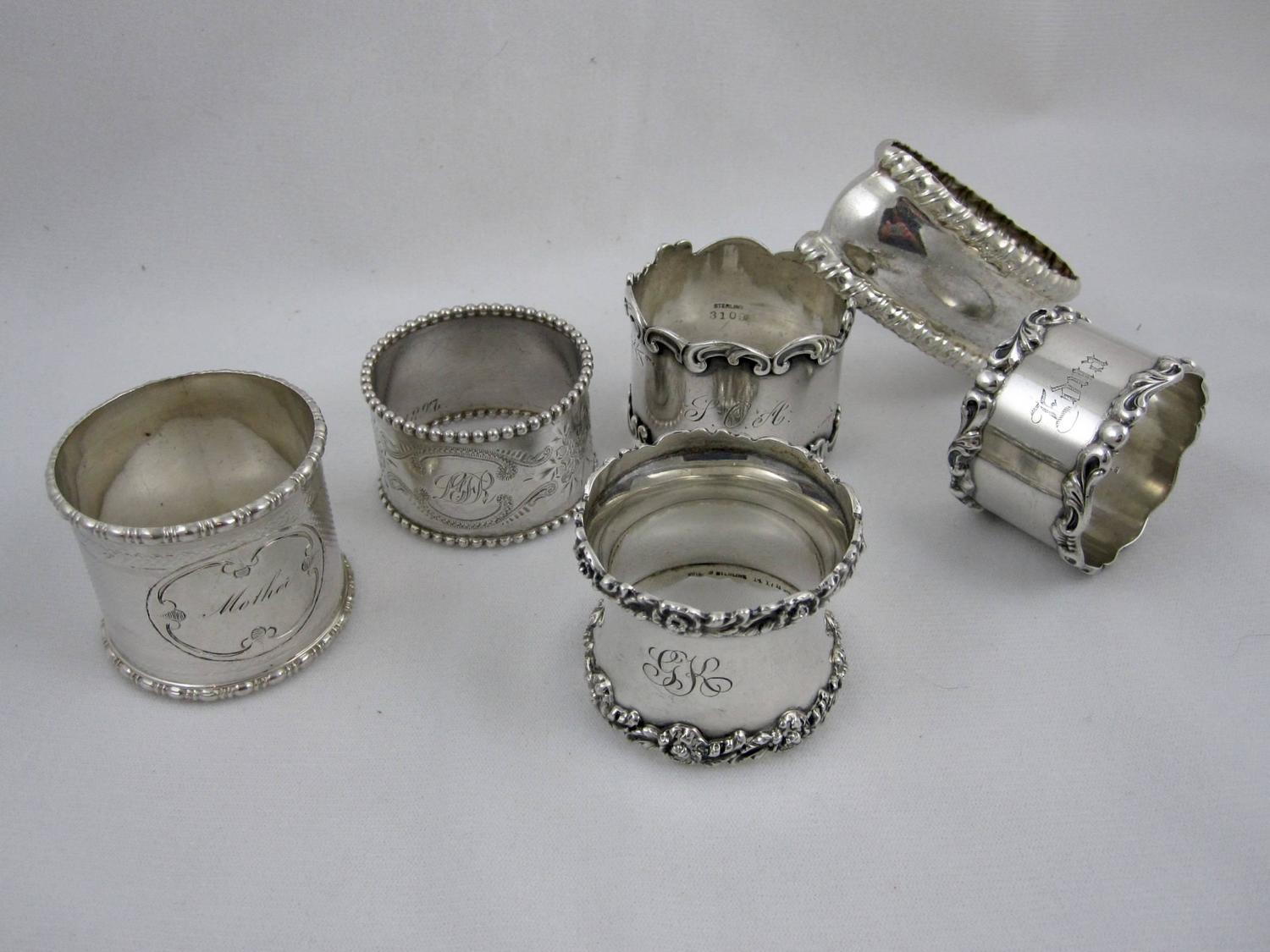 Antique Sterling Silver Napkin Rings, a Mixed Set of Six at 1stdibs