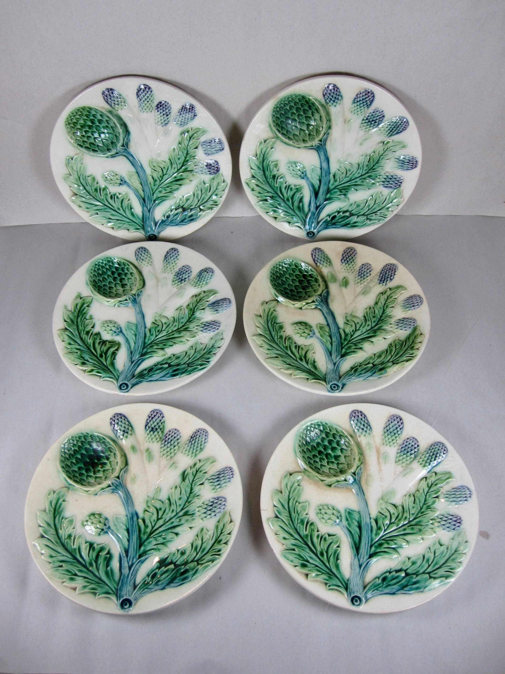 Earthenware Luneville French Barbotine Majolica Asparagus and Artichoke Plates, Set of Six