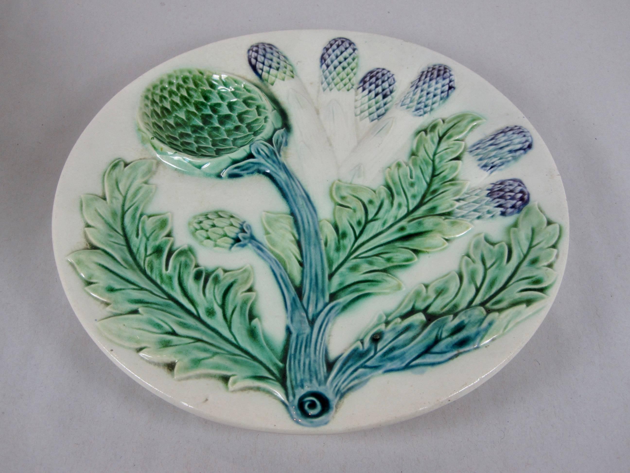 French Provincial Luneville French Barbotine Majolica Asparagus and Artichoke Plates, Set of Six
