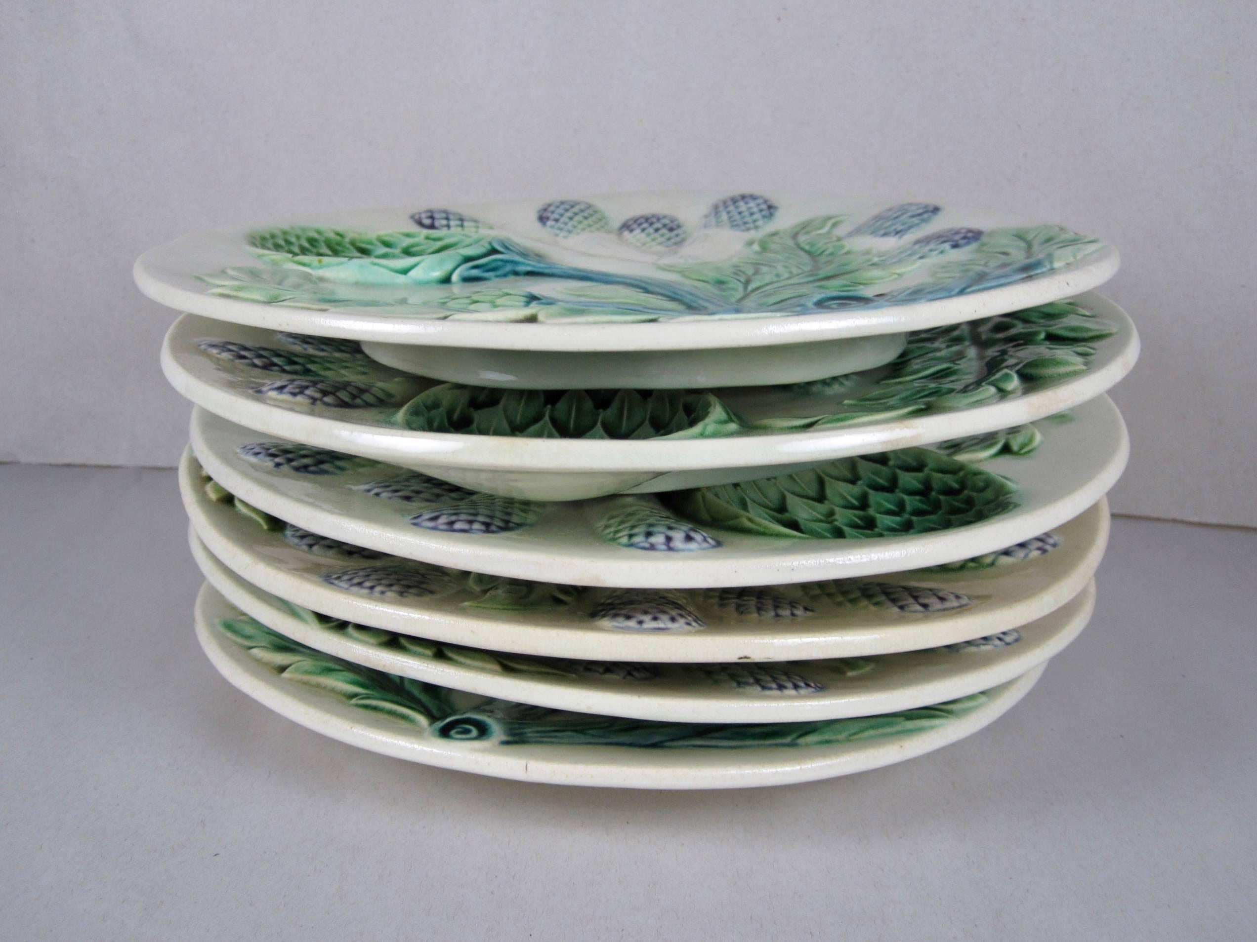 19th Century Luneville French Barbotine Majolica Asparagus and Artichoke Plates, Set of Six