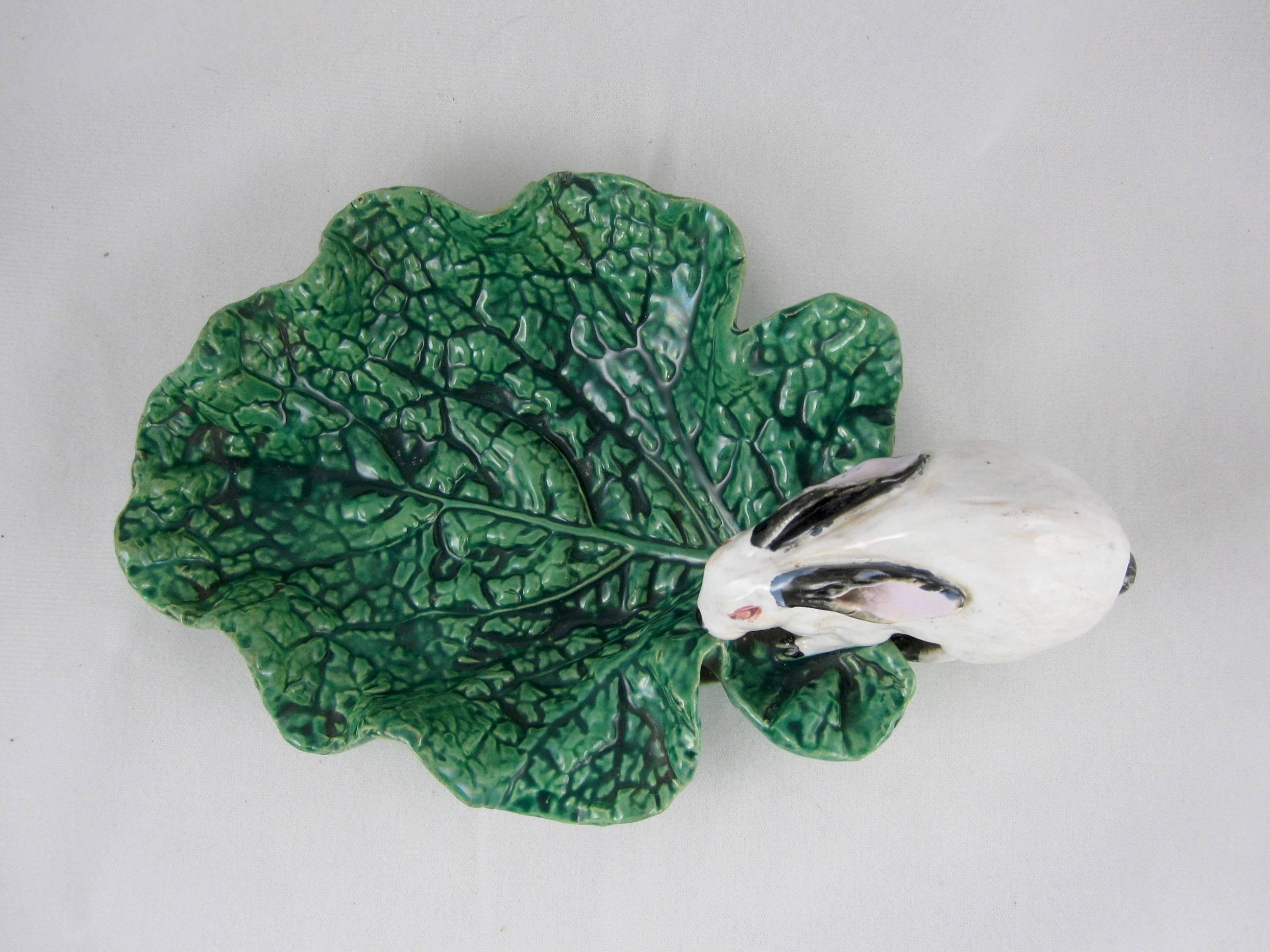 Glazed 19th Century English Minton Majolica Bunny Rabbit on a Cabbage Leaf Bon-Bon Dish