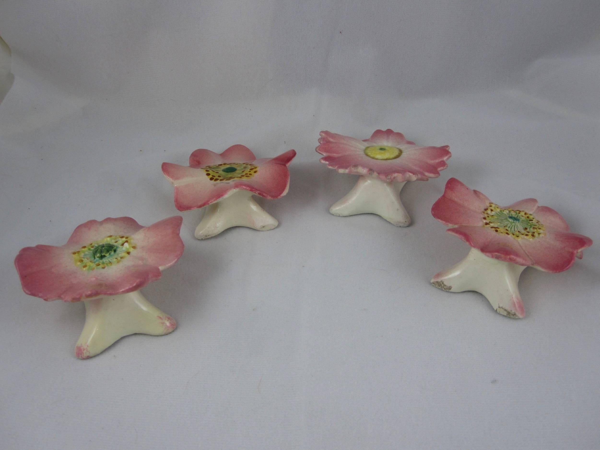 Earthenware Delphin Massier French Majolica Pink Floral Menu or Place Card Holders, S/4