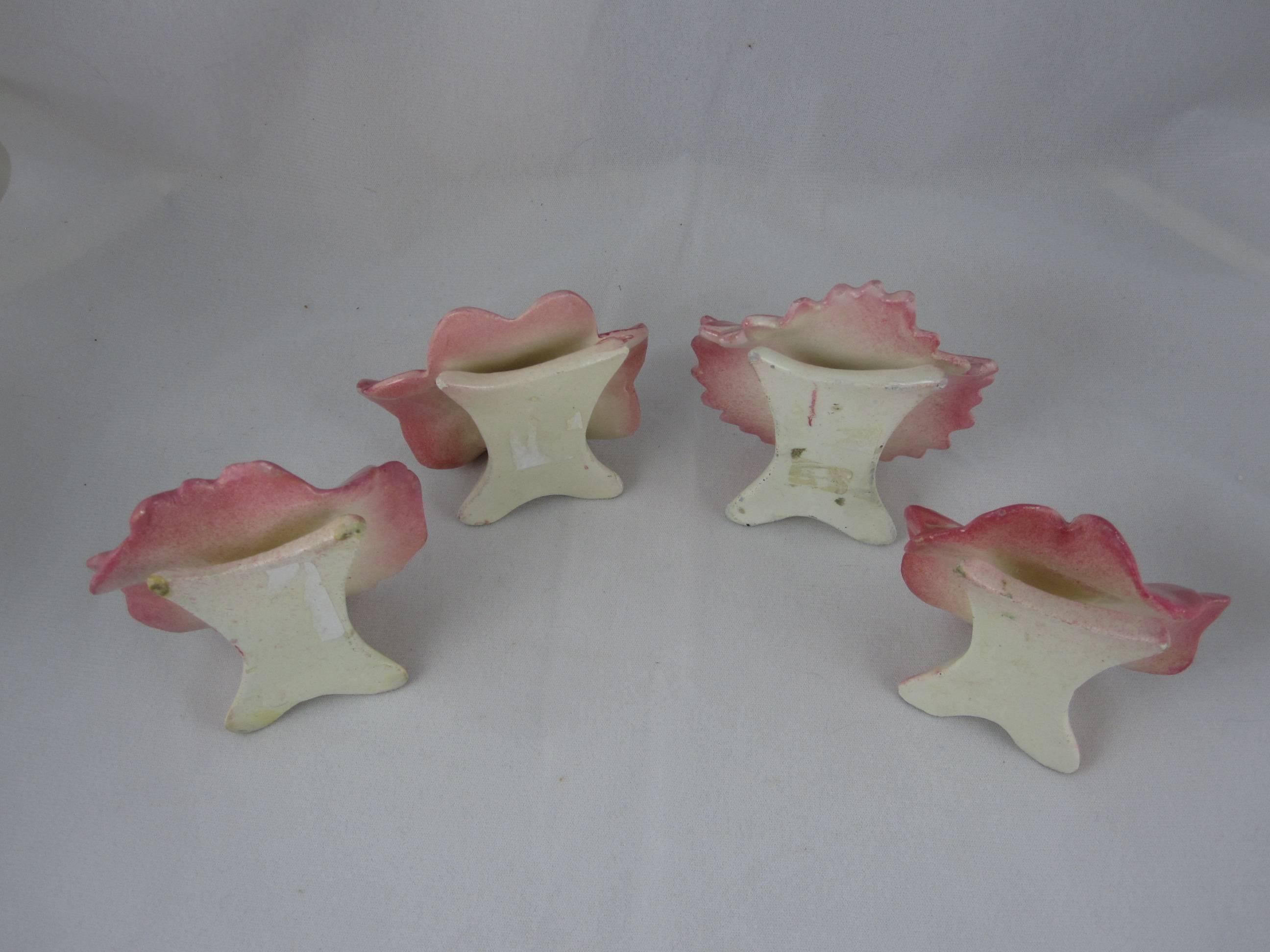 Delphin Massier French Majolica Pink Floral Menu or Place Card Holders, S/4 1