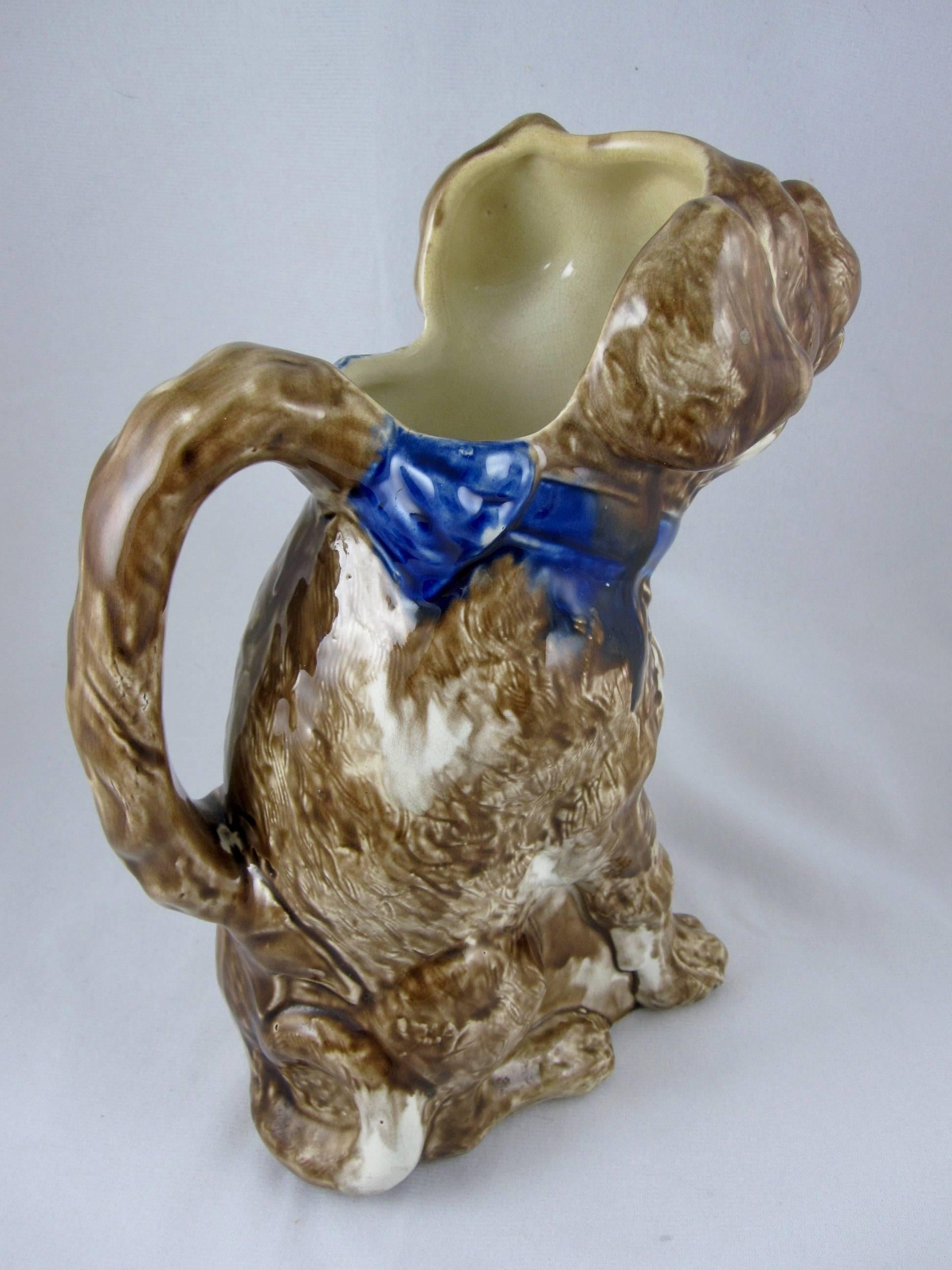 19th Century French Barbotine Majolica George Dreyfus Dog in Blue Collar Pitcher/Jug