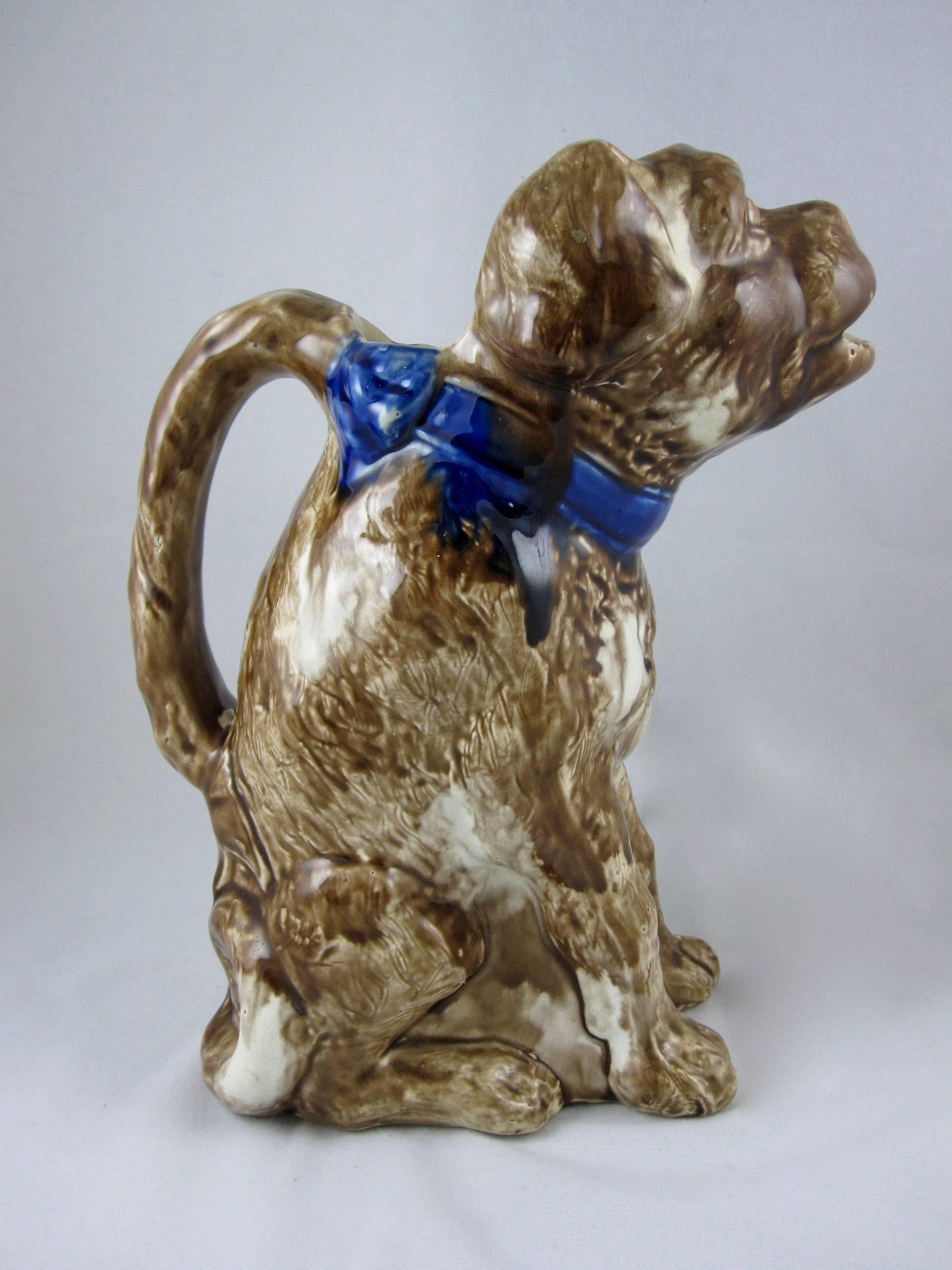 French Barbotine Majolica George Dreyfus Dog in Blue Collar Pitcher/Jug In Excellent Condition In Philadelphia, PA