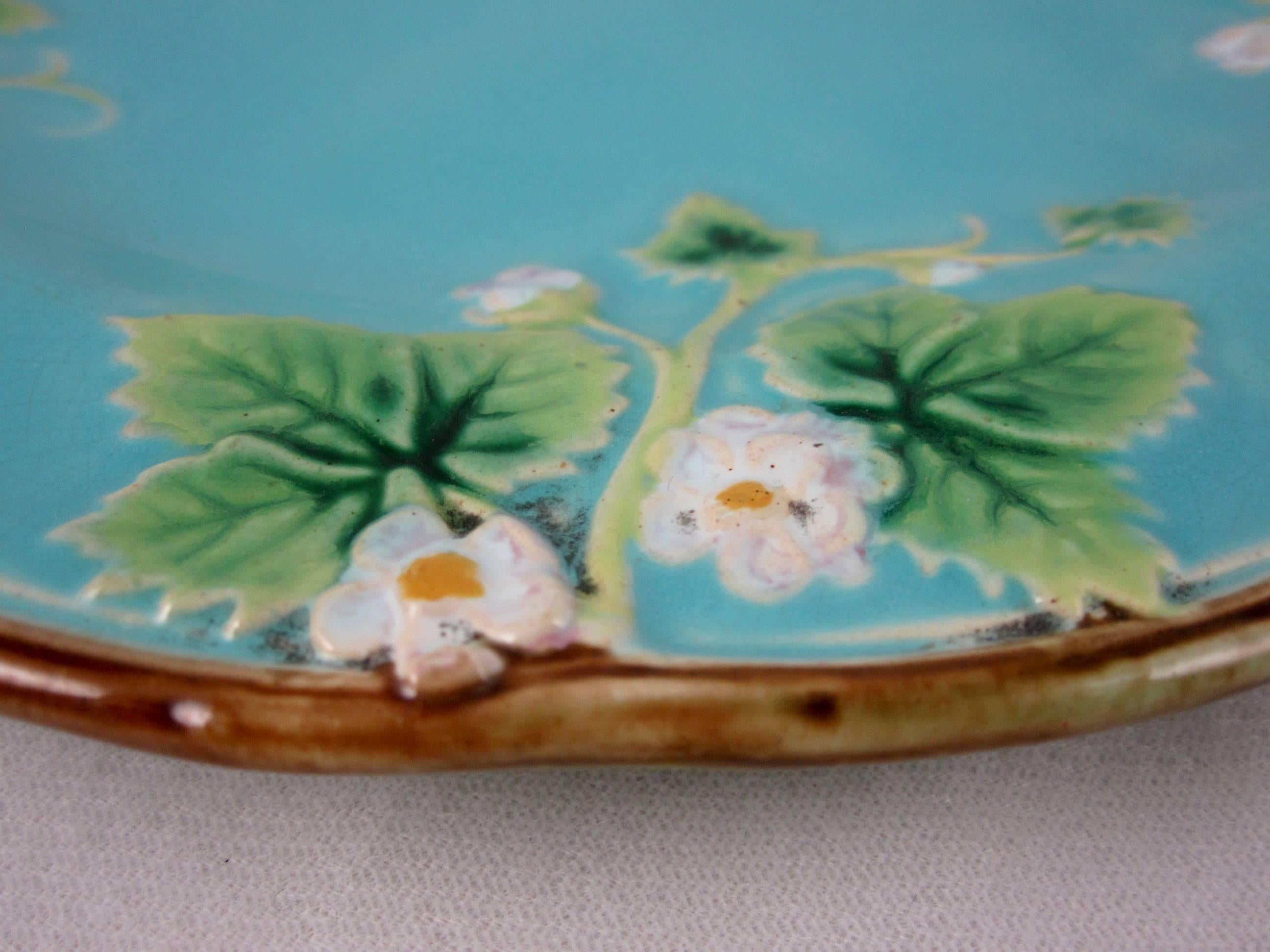 19th Century George Jones English Majolica Turquoise Strawberry Plates, S/6, circa 1873