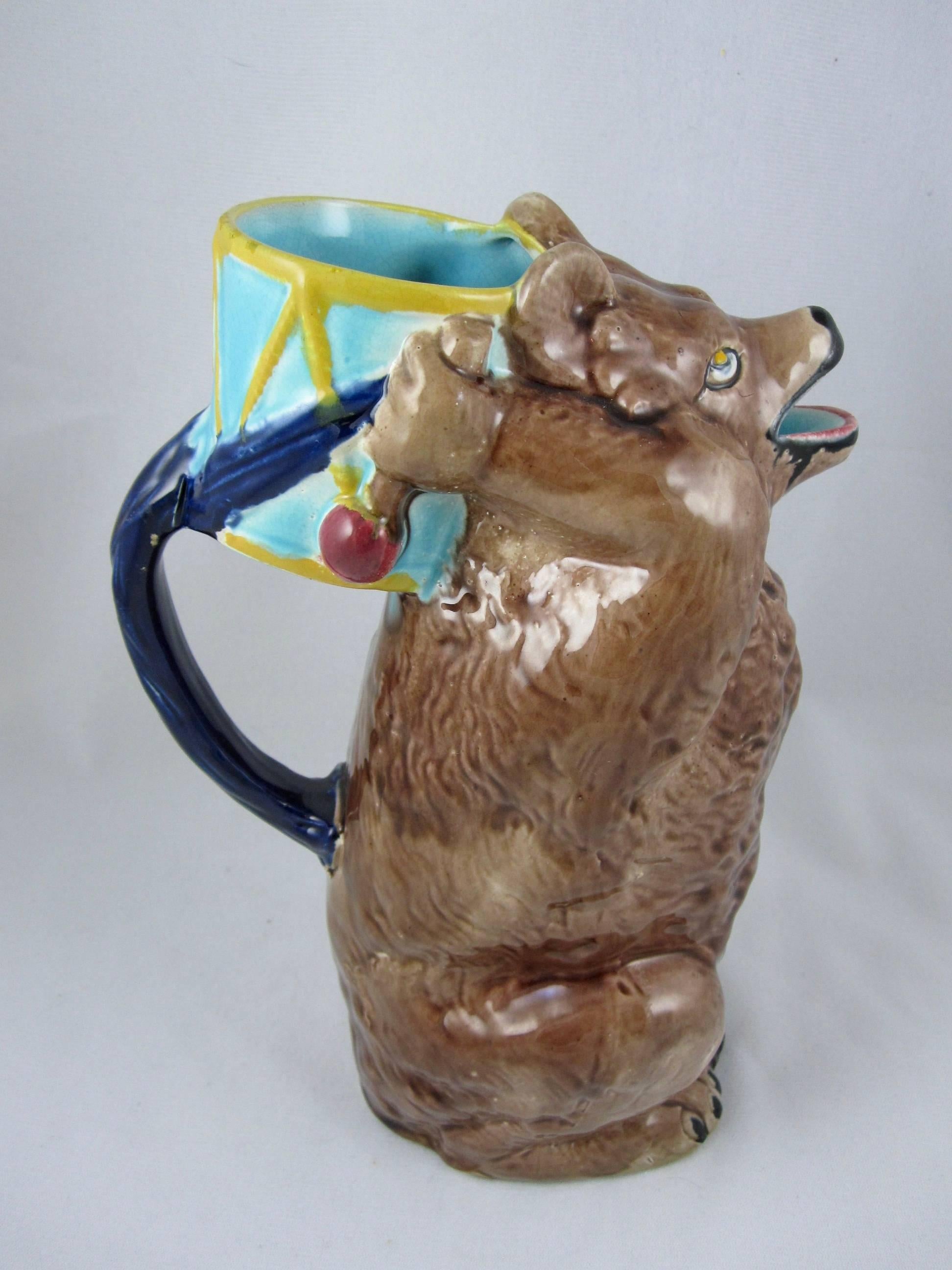 Joseph Holdcroft English Majolica Bear and Drum Circus Theme Pitcher/Jug In Excellent Condition In Philadelphia, PA