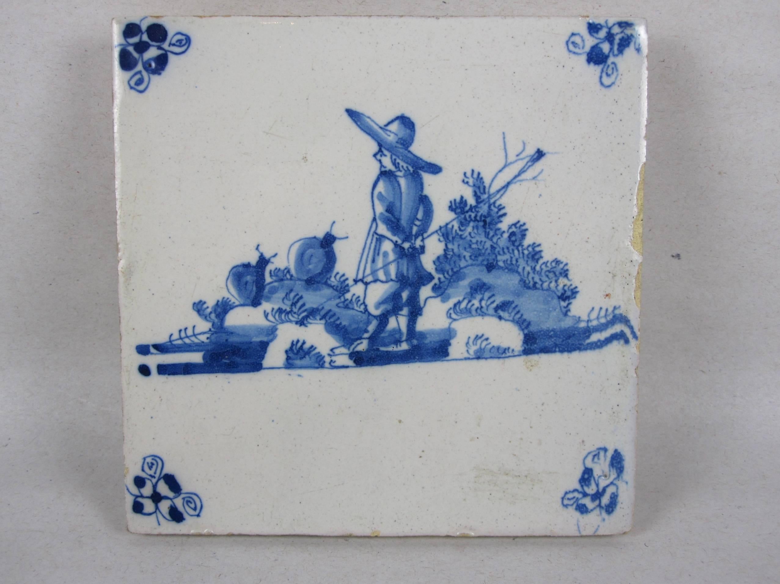 18th Century and Earlier 18th Century English Delft Blue Tin-Glazed Tiles, Mixed Set of Six