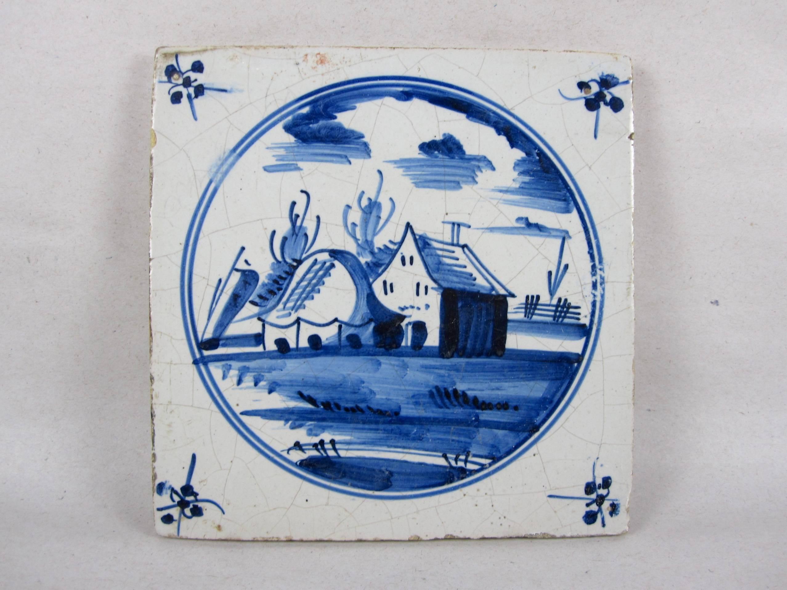 Earthenware 18th Century English Delft Blue Tin-Glazed Tiles, Mixed Set of Six