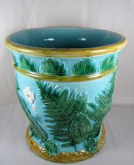 John Adams & Co Fern Leaf & Floral Turquoise English Majolica Jardinière c.1871