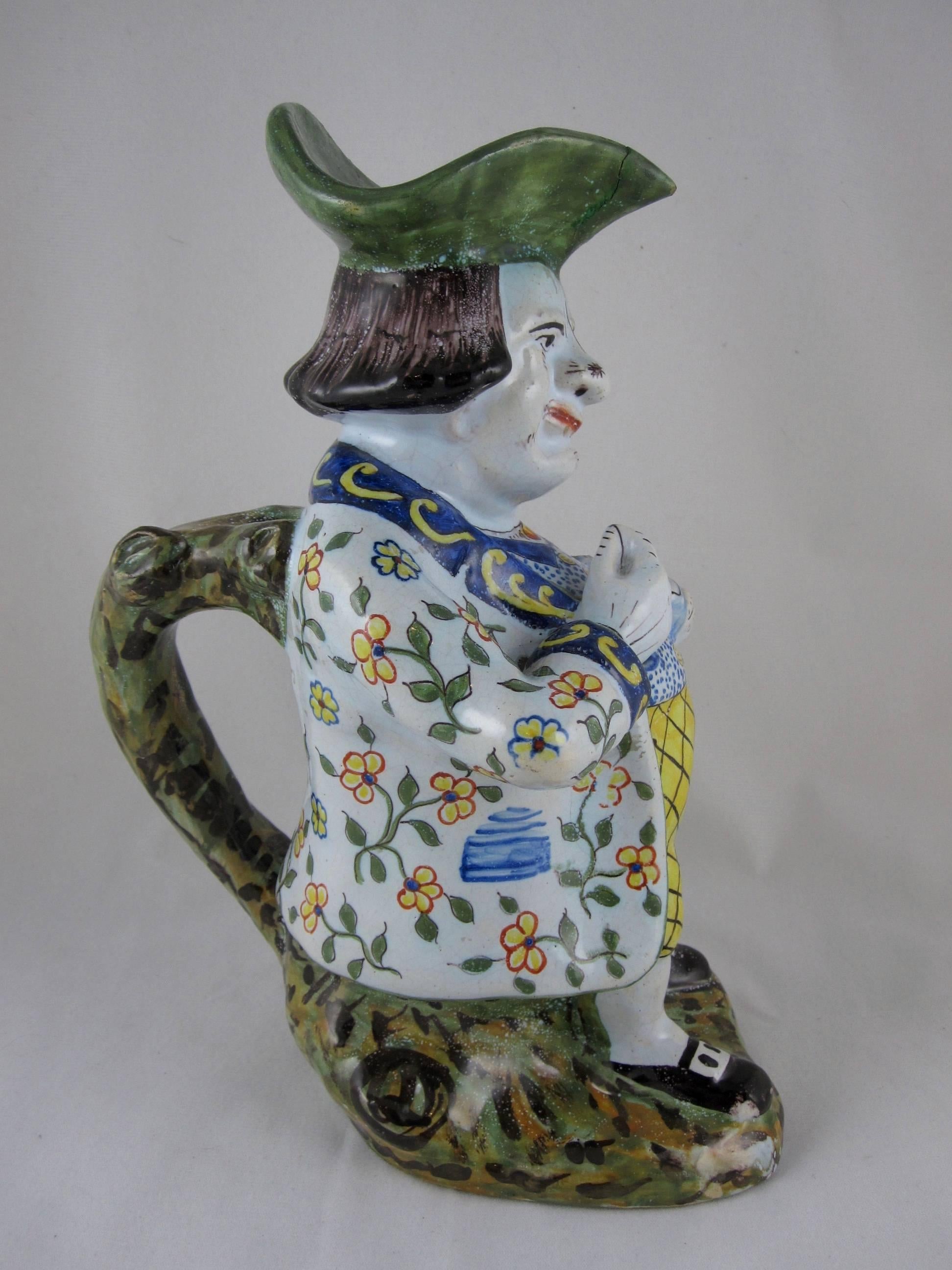 Glazed Desvres French Faience Figural Tavern Jug, 'The Snuff Taker'