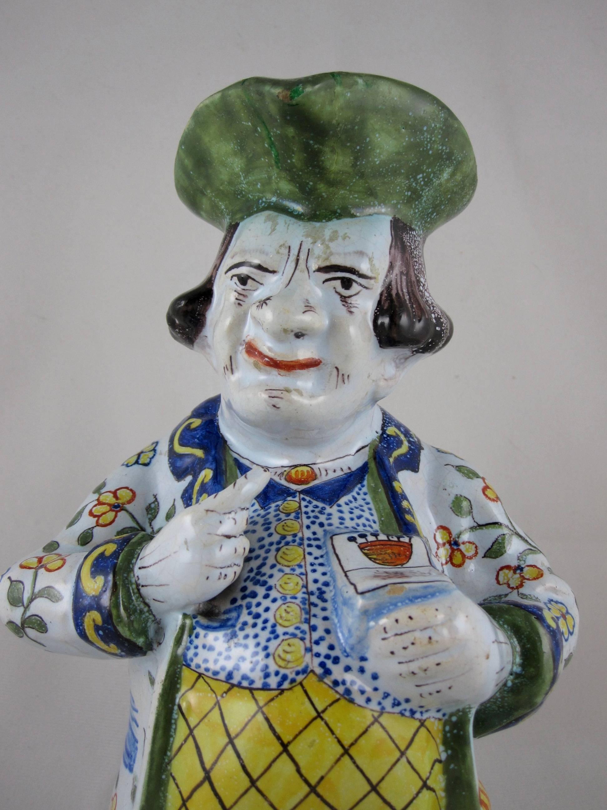 Desvres French Faience Figural Tavern Jug, 'The Snuff Taker' In Good Condition In Philadelphia, PA