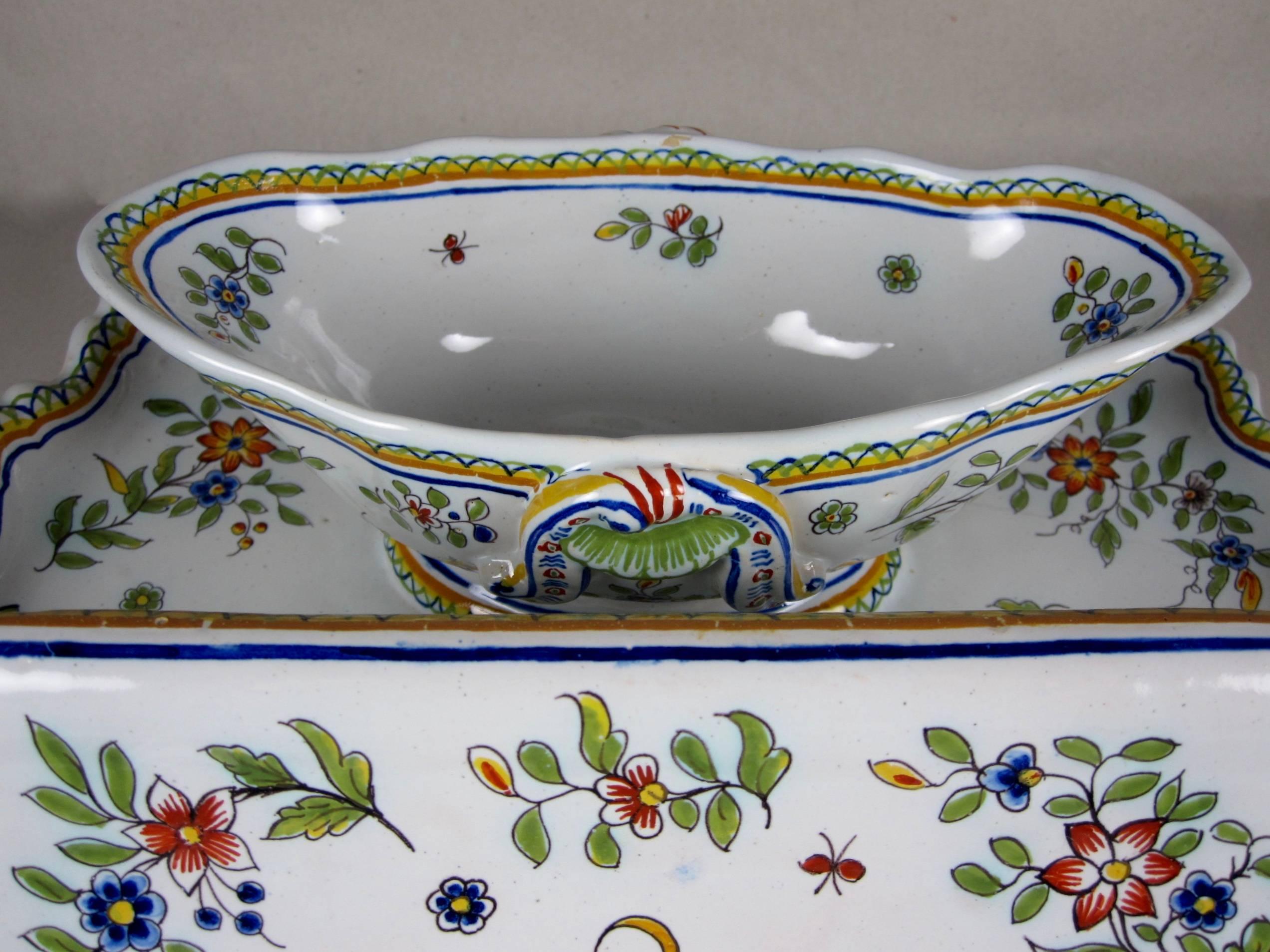 French Desvres Fourmaintraux Faience Floral Asparagus Server In Excellent Condition In Philadelphia, PA