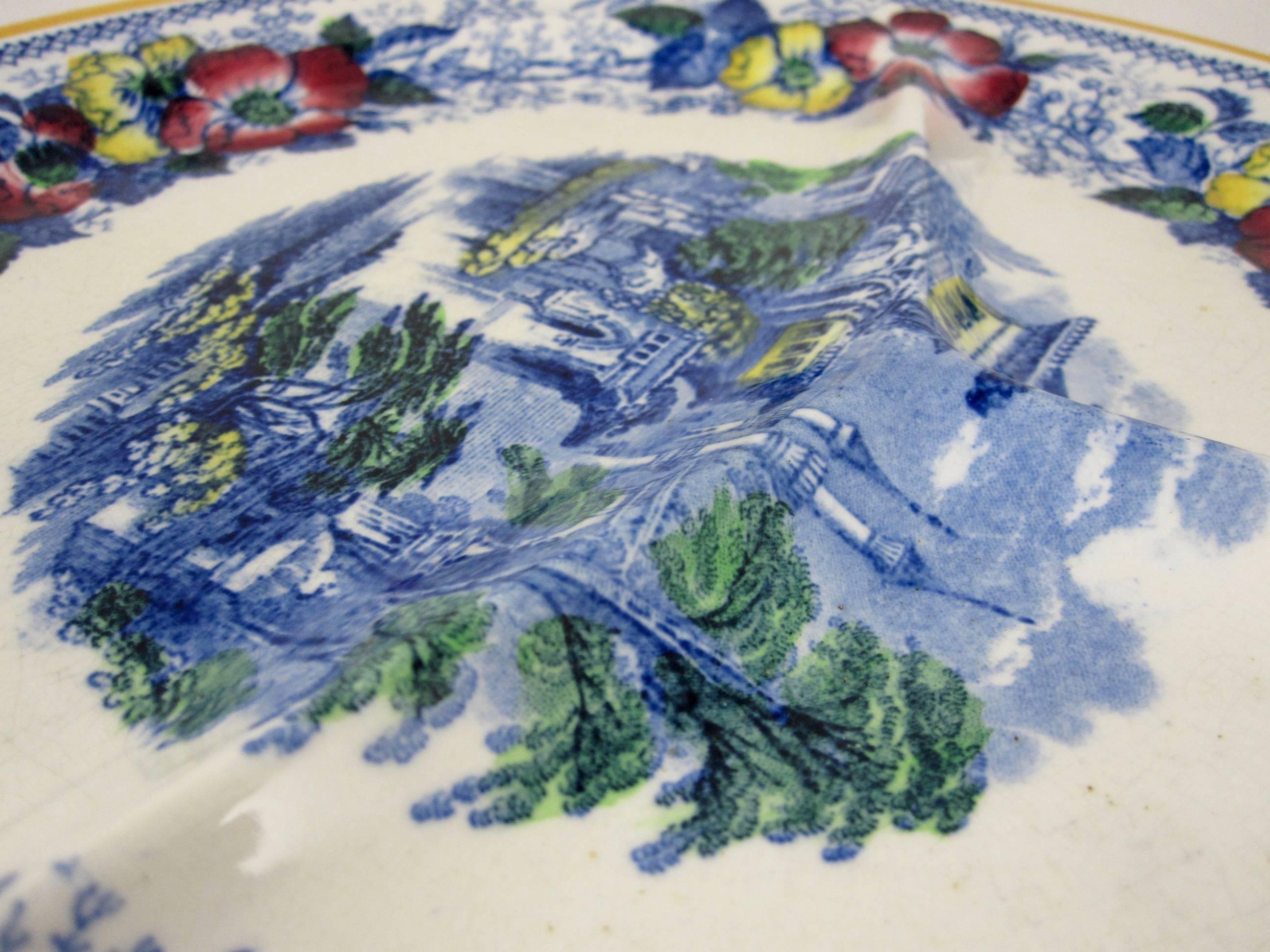 19th Century Scottish Ironstone Chinoiserie Landscape & Floral Divided Chop Grill Plates, S/8 For Sale