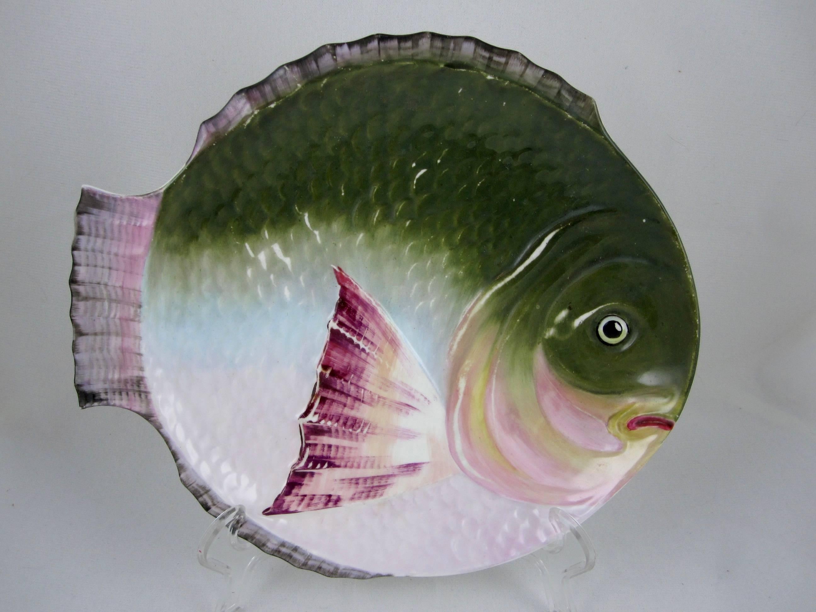 Aesthetic Movement Victorian English Staffordshire Hand-Painted Porcelain Fish Plates, Set of Six