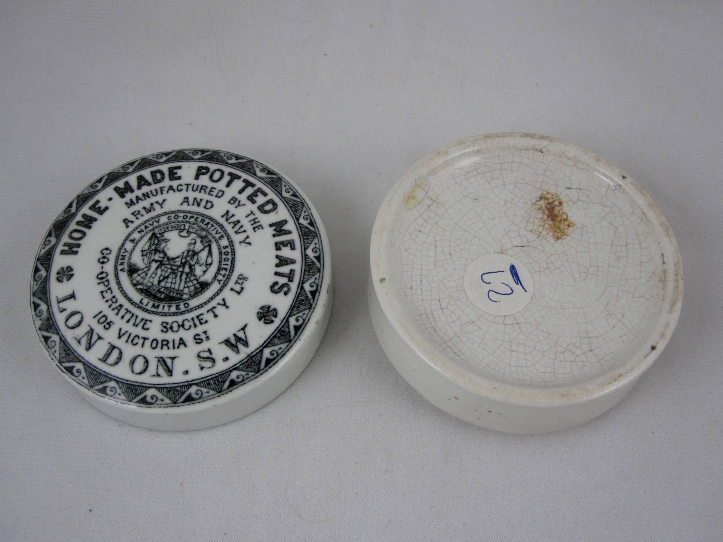 Glazed English Staffordshire Transferware Pot & Lid, Army/Navy Home-Made Potted Meat