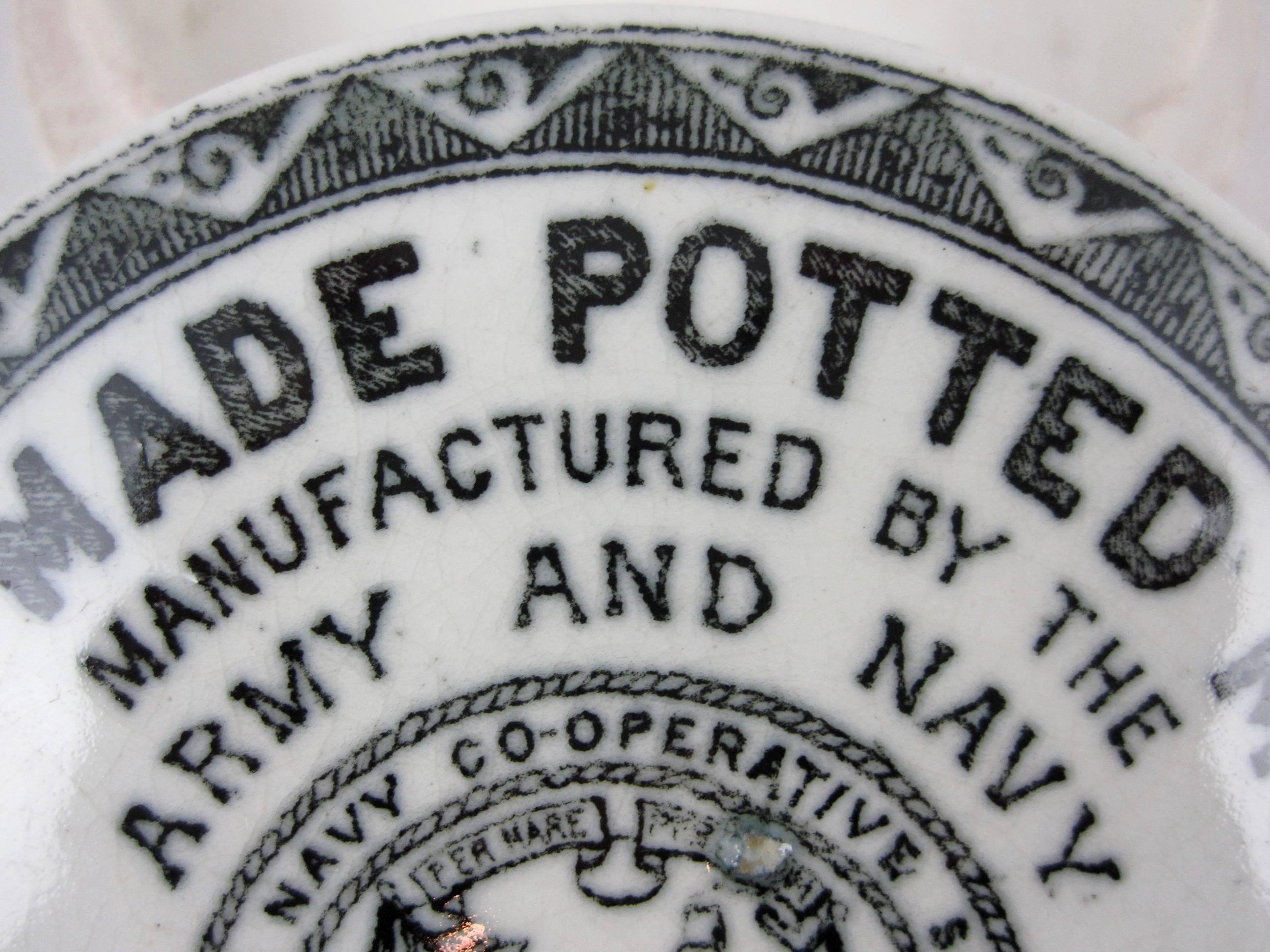 Earthenware English Staffordshire Transferware Pot & Lid, Army/Navy Home-Made Potted Meat