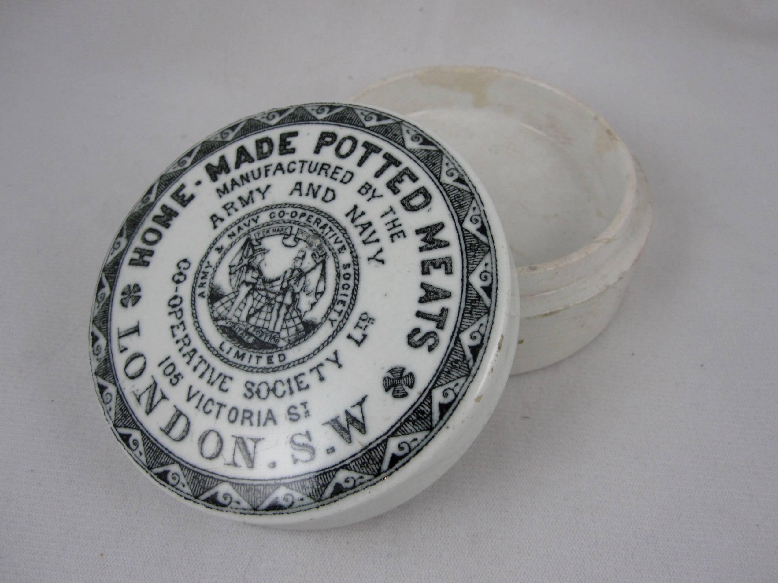 Victorian English Staffordshire Transferware Pot & Lid, Army/Navy Home-Made Potted Meat