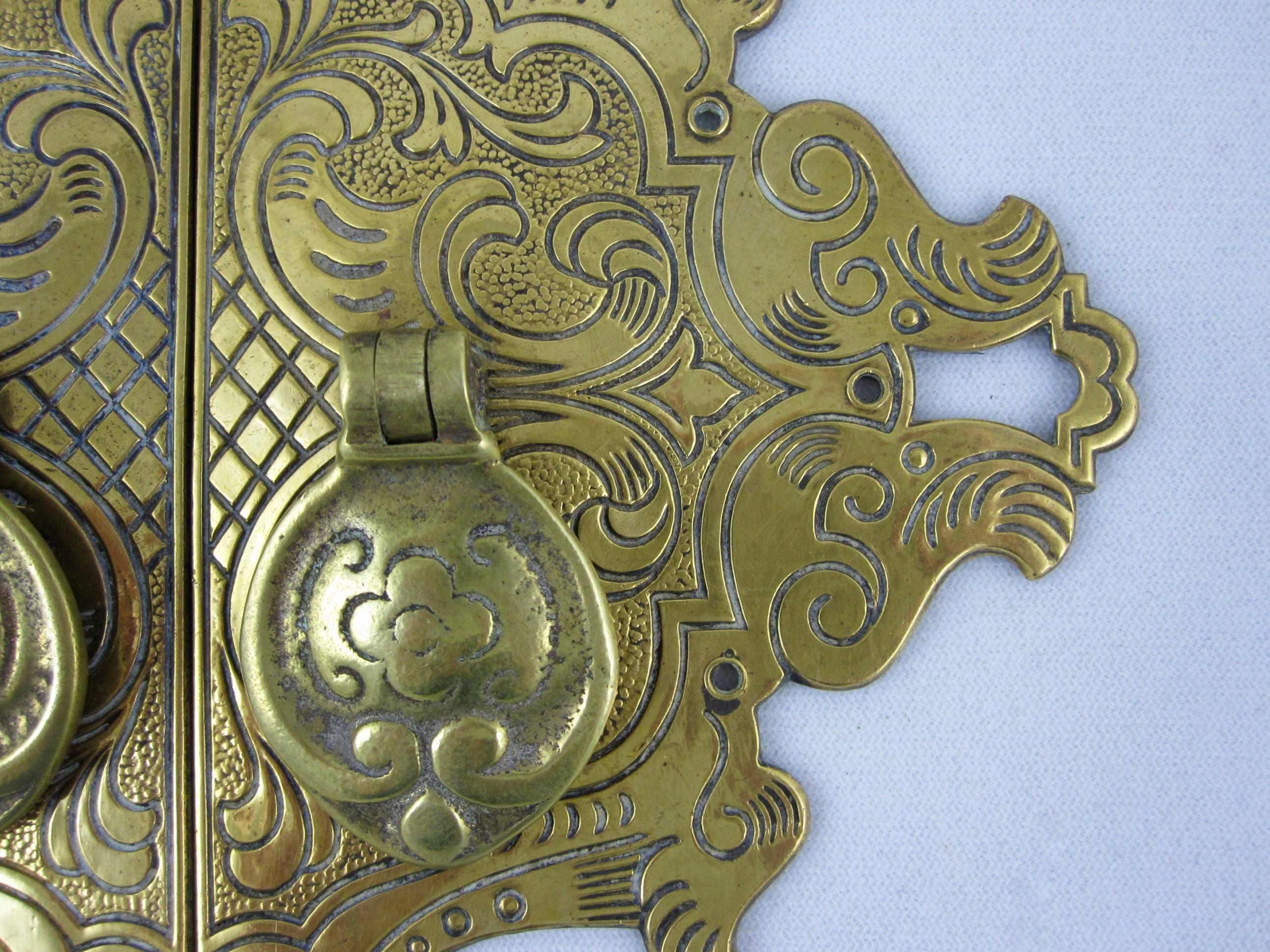 Metalwork Late 19th Century English Brass Asian Influence Cabinet Door Pulls, Pair