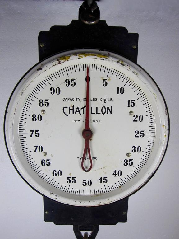 Vintage Chatillion Hanging 100 Pound Scale with a Rustic Wire Basket at