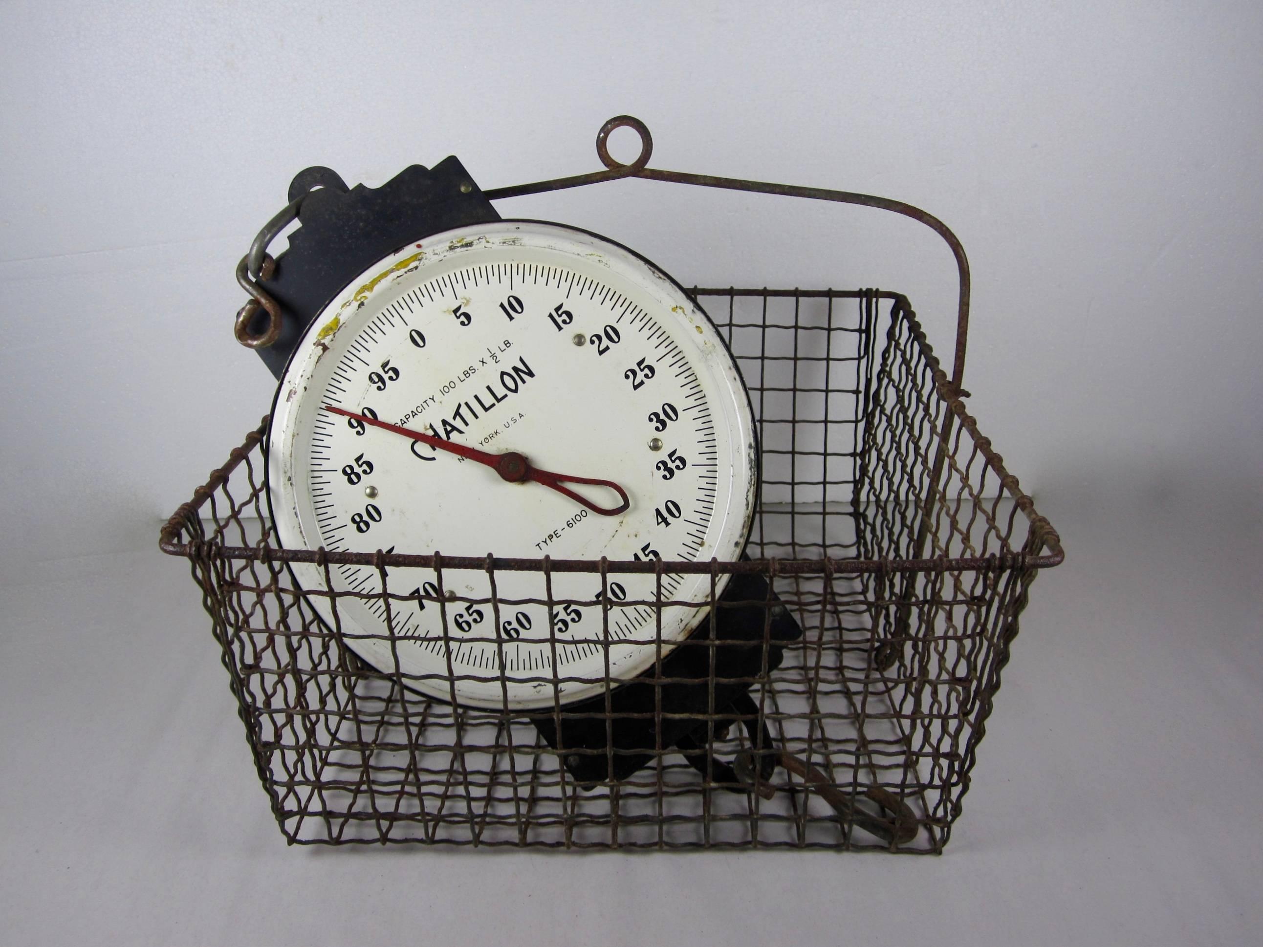 American Vintage Chatillion Hanging 100 Pound Scale with a Rustic Wire Basket