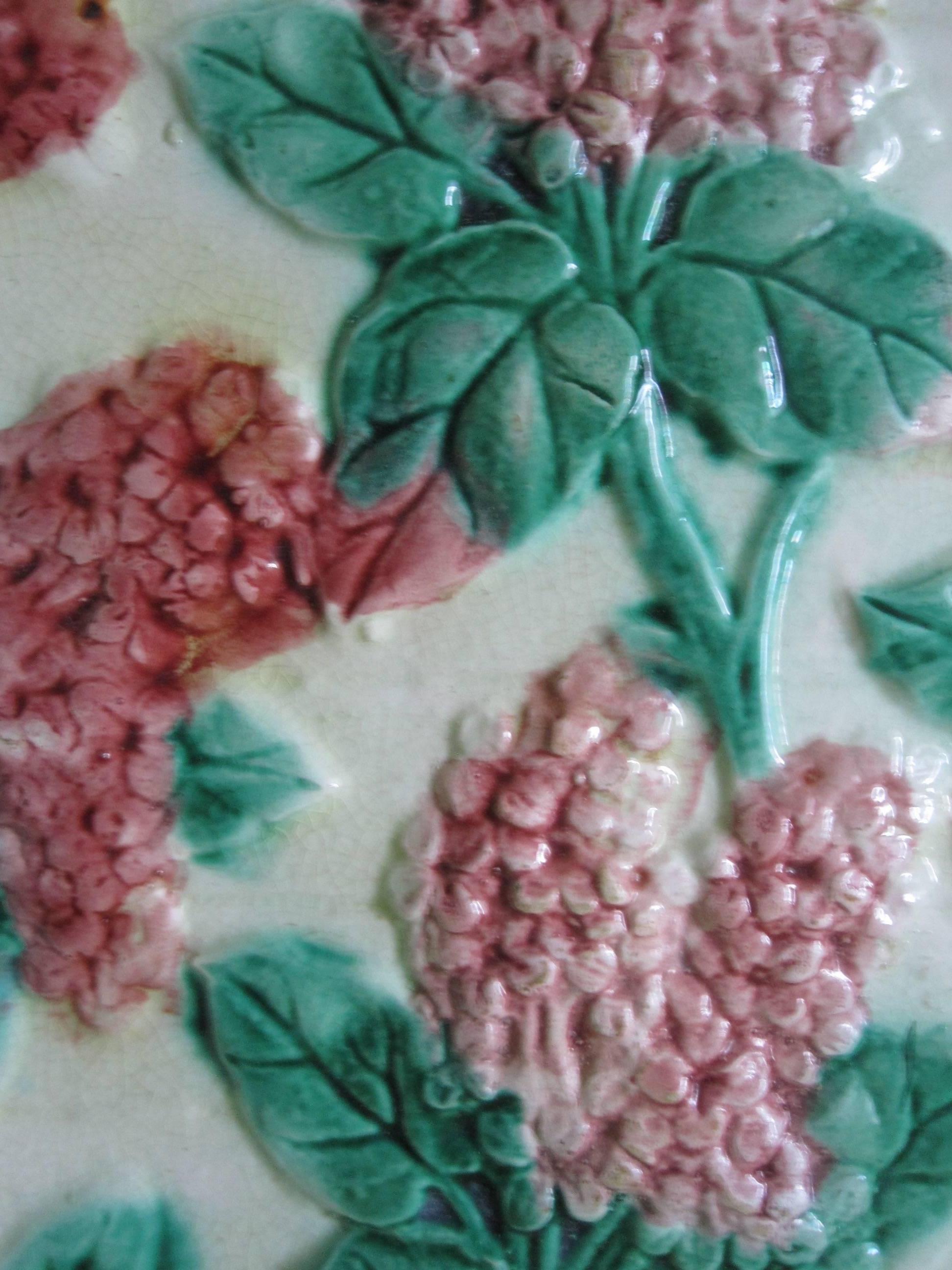 Glazed 19th Century Majolica Platter of Pink Lilac Sprays on a Wooden Barrel