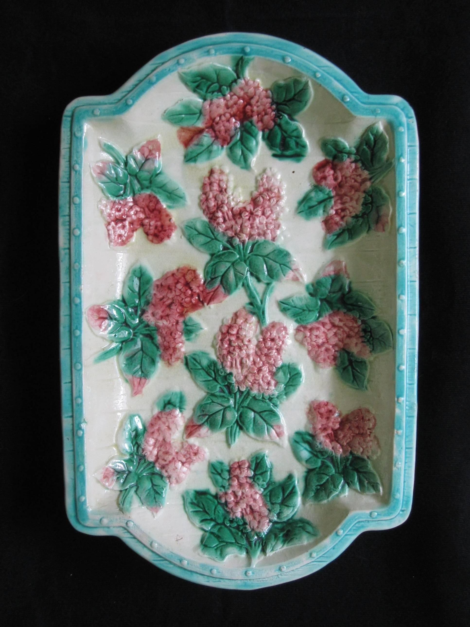 English 19th Century Majolica Platter of Pink Lilac Sprays on a Wooden Barrel