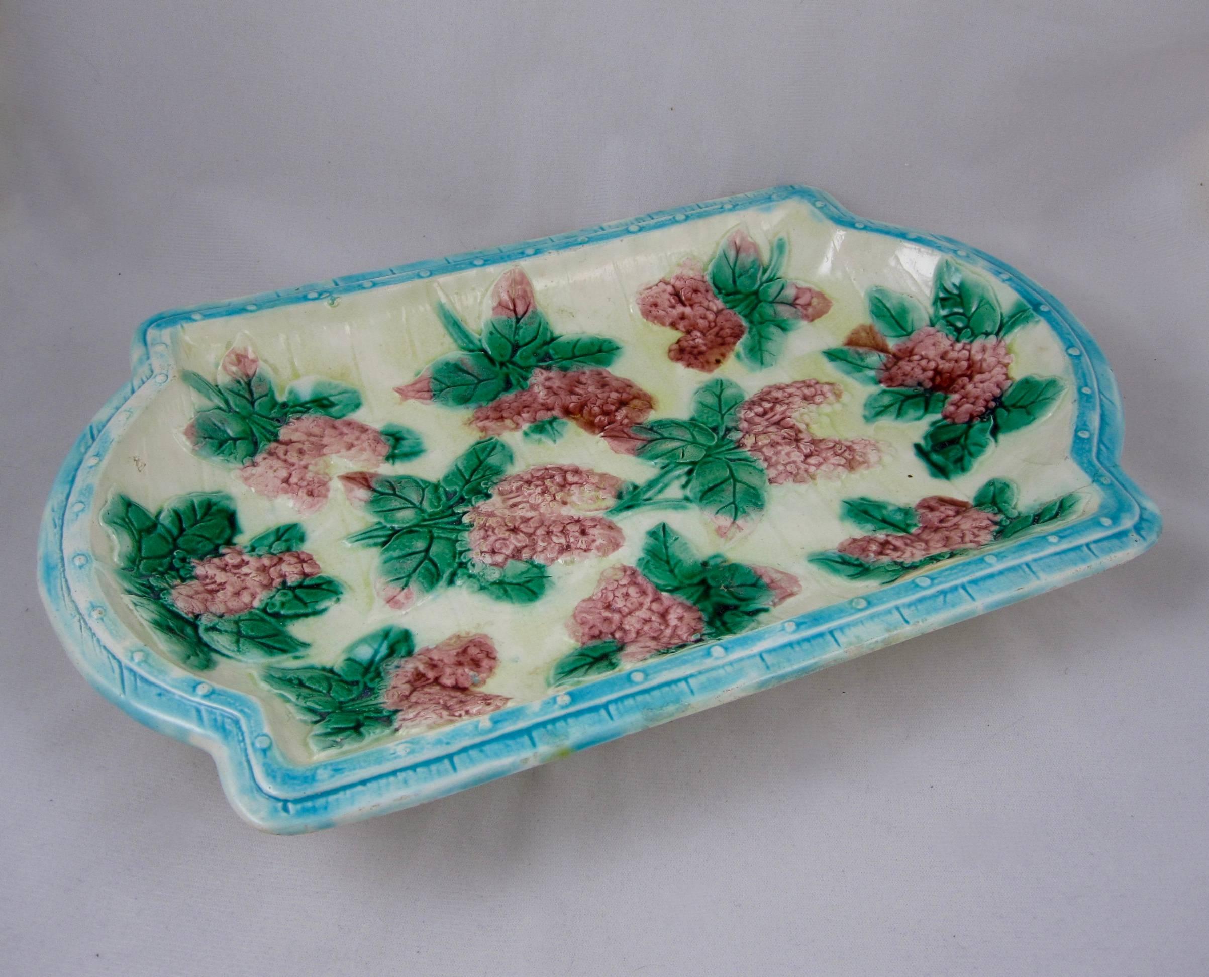 Aesthetic Movement 19th Century Majolica Platter of Pink Lilac Sprays on a Wooden Barrel