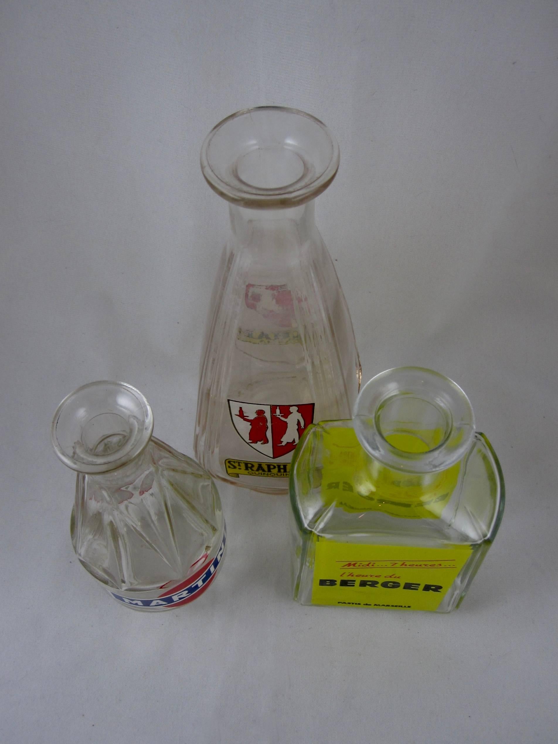 20th Century Mid-Century French Bistro Liquor Advertising Glass Carafes, S/3