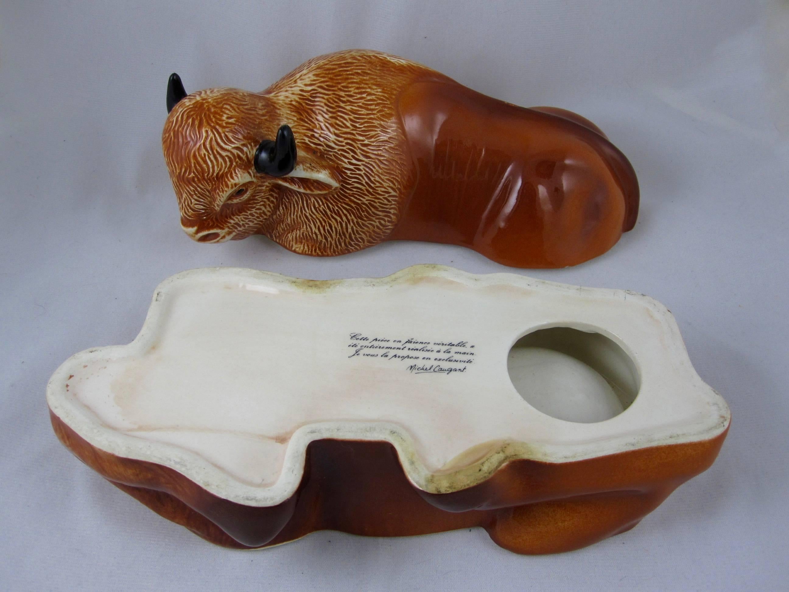 Large French Faience Figural Bison Pâté Terrine, Michel Caugant In Excellent Condition In Philadelphia, PA